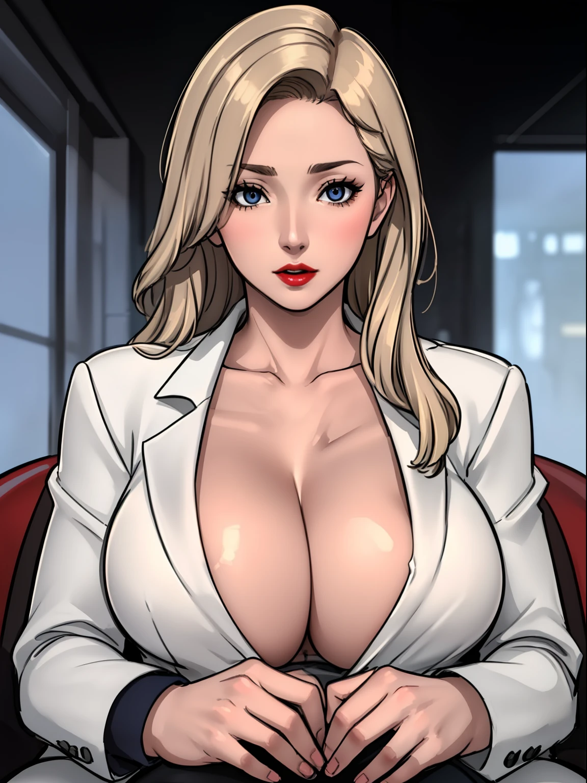 masterpiece, ,(solo:1.1), perfect face, (bright lighting:1.2),beautiful detailed eyes, extremely detailed face, perfect lighting,masterpiece, best quality, ((mature female)), ((large breasts)), 30yo female, 1girl, , hetero, 1boy, solo focus, pov, red lips, blazers, blonde hair, full body