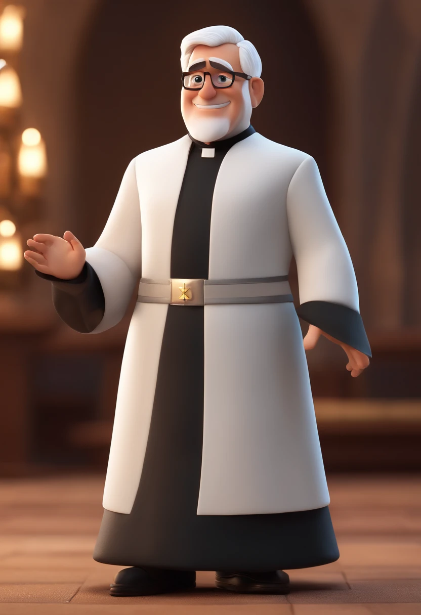 Cartoon character of a man with white hair wearing cassock and priest outfit, an animated character in Church, Stylized character, animation style rendering, 3d stylized, Catholic Priest, 3d stylized rendering, toon rendering keyshot, 3D Character , 3D Character, stylized 3d rendering, 3D Character Rendering, cartoon character, Closeup Character, Character Pose, (Pixar Style) (Masterpiece:1.2) (Bokeh) (Best Quality) (Detailed Skin) (Texture detailed) (8k) (clay) (Cinematic lighting) (sharp focus,Sits and leaks the upper body