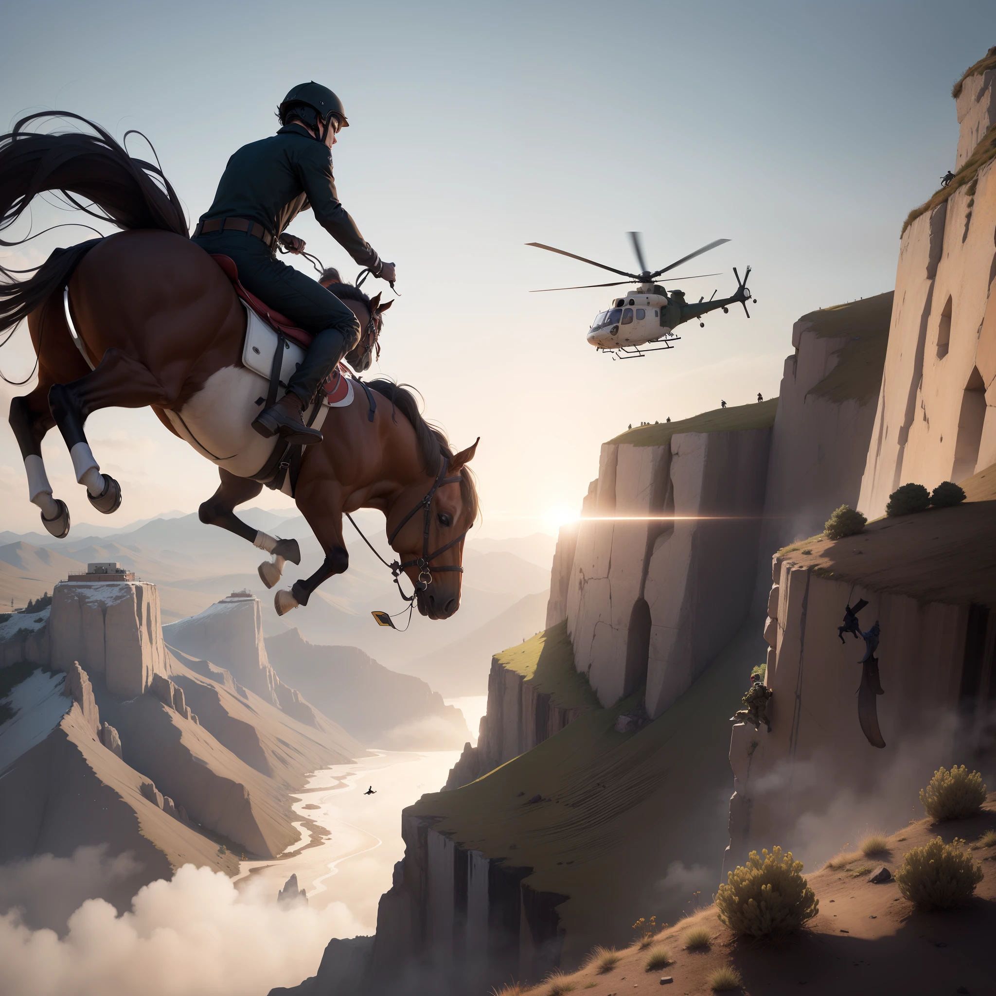 Guy on horse jumping off cliff with Blackhawk helicopter