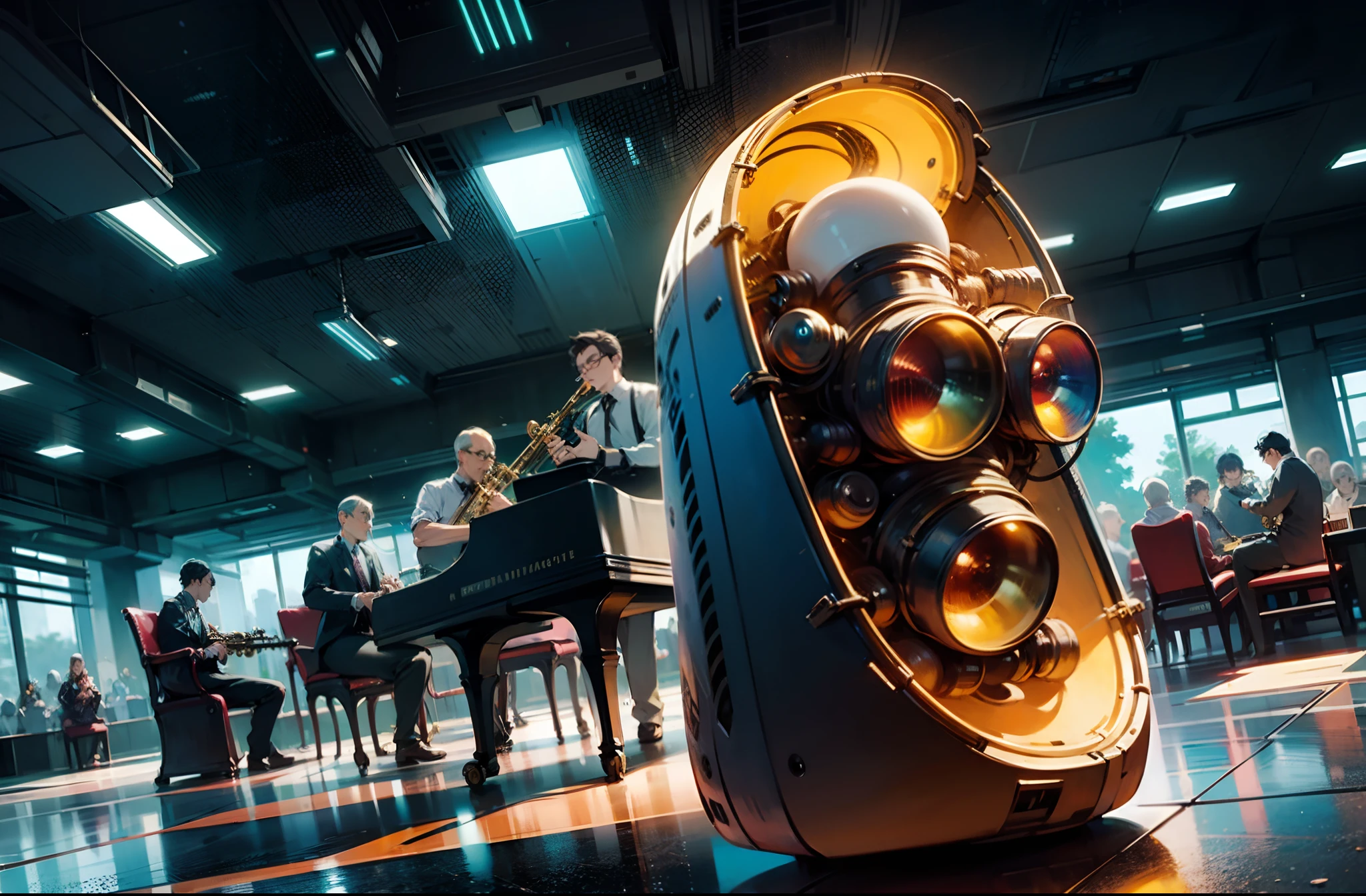 a jazz band with magig coming out of the instruments