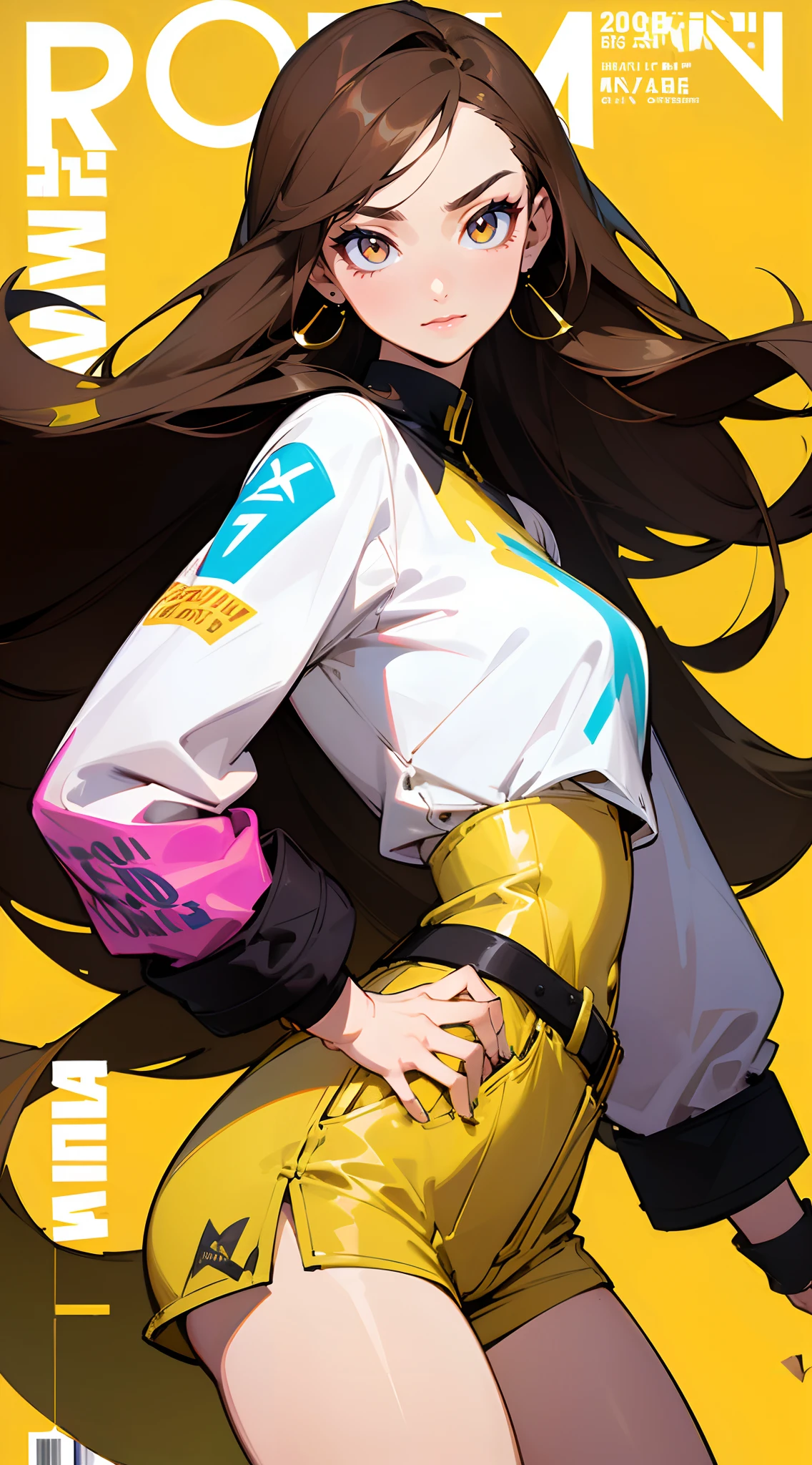 Beautiful woman , very long hair , dark brown hair , gold eyes , lean body , expressive eyes, petite figure, age 26,
Solo, sfw, cap, shorts, jacket, (Magazine cover-style illustration of a fashionable character in vibrant outfit posing in front of a colorful and dynamic background. They have a confident expression and is striking a pose. The text on the cover should be bold and attention-grabbing, with the title of the magazine and a catchy headline. The overall style should be modern and trendy, with a focus on fashion and lifestyle), wallpaper, crowds, fashion, contrapposto, model, cool
(masterpiece, best quality )detailed, 1Character , pastel washed out colors , cell shade , soft, muted shades ,gentle colors ,