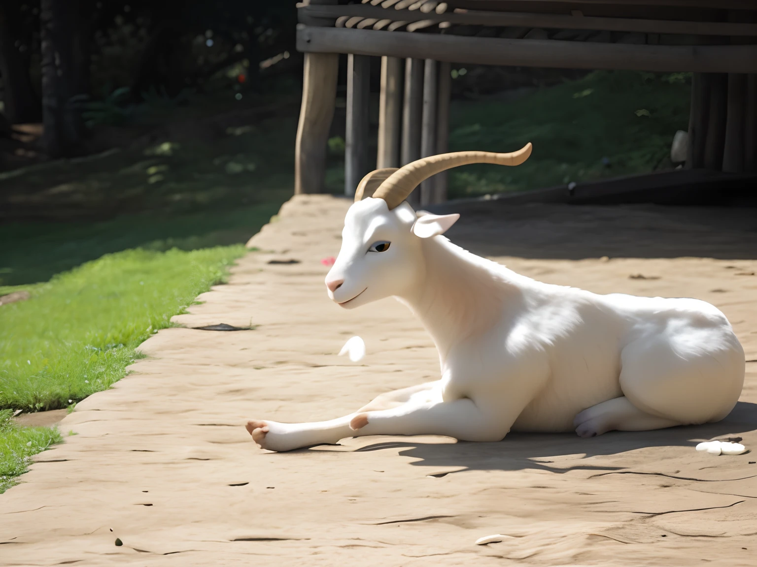 There's a goat that's lying on the ground, uma cabra, Pedro, o Bode, picture taken in zoo, taken in zoo, meia cabra, corpo de cabra, the devastating wise goat, cabra, fazendo uma pose elegante, real picture taken in zoo, em um dia ensolarado, Cabras, chifres de cabra, ele tem pernas de homem de cabra, Malika Favre