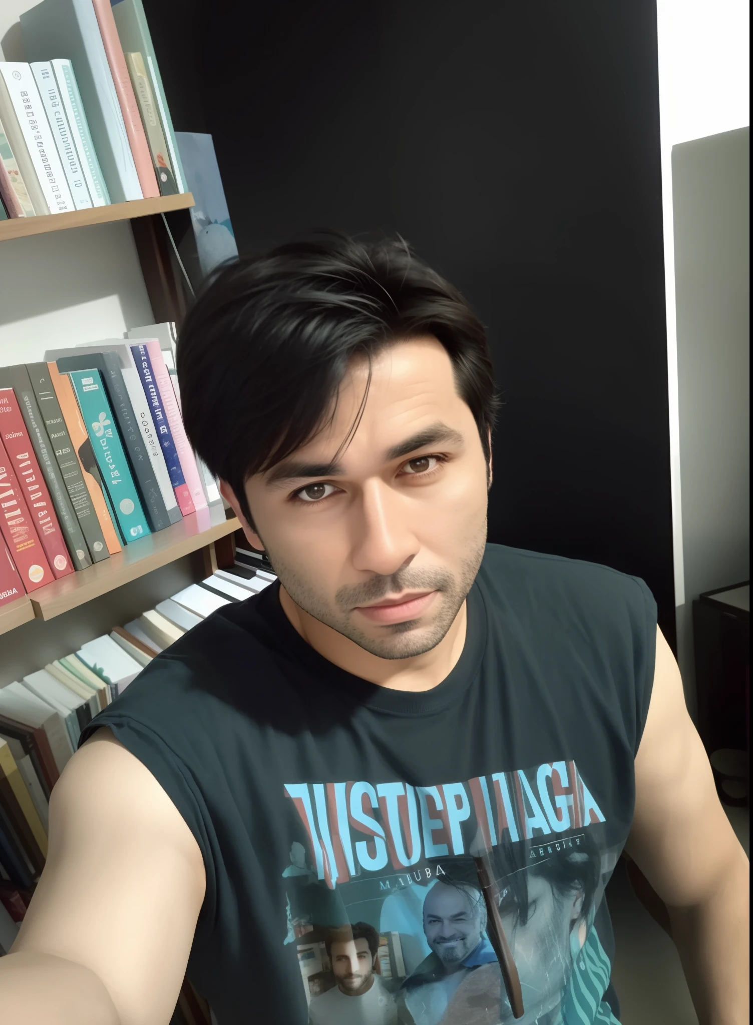 Homem arafed sentado em frente a uma estante de livros com uma estante de livros, Josana Gonzales, foto do perfil, Josana Gonzales!!!, foto de perfil headshot, foto de perfil 1024px, foto de perfil, imagem de perfil, david rios ferreira, hard lighting!, imagem frontal, halfbody headshot, Jose Miguel Romano Francisca, foto selfie, foto de perfil, victor maristane