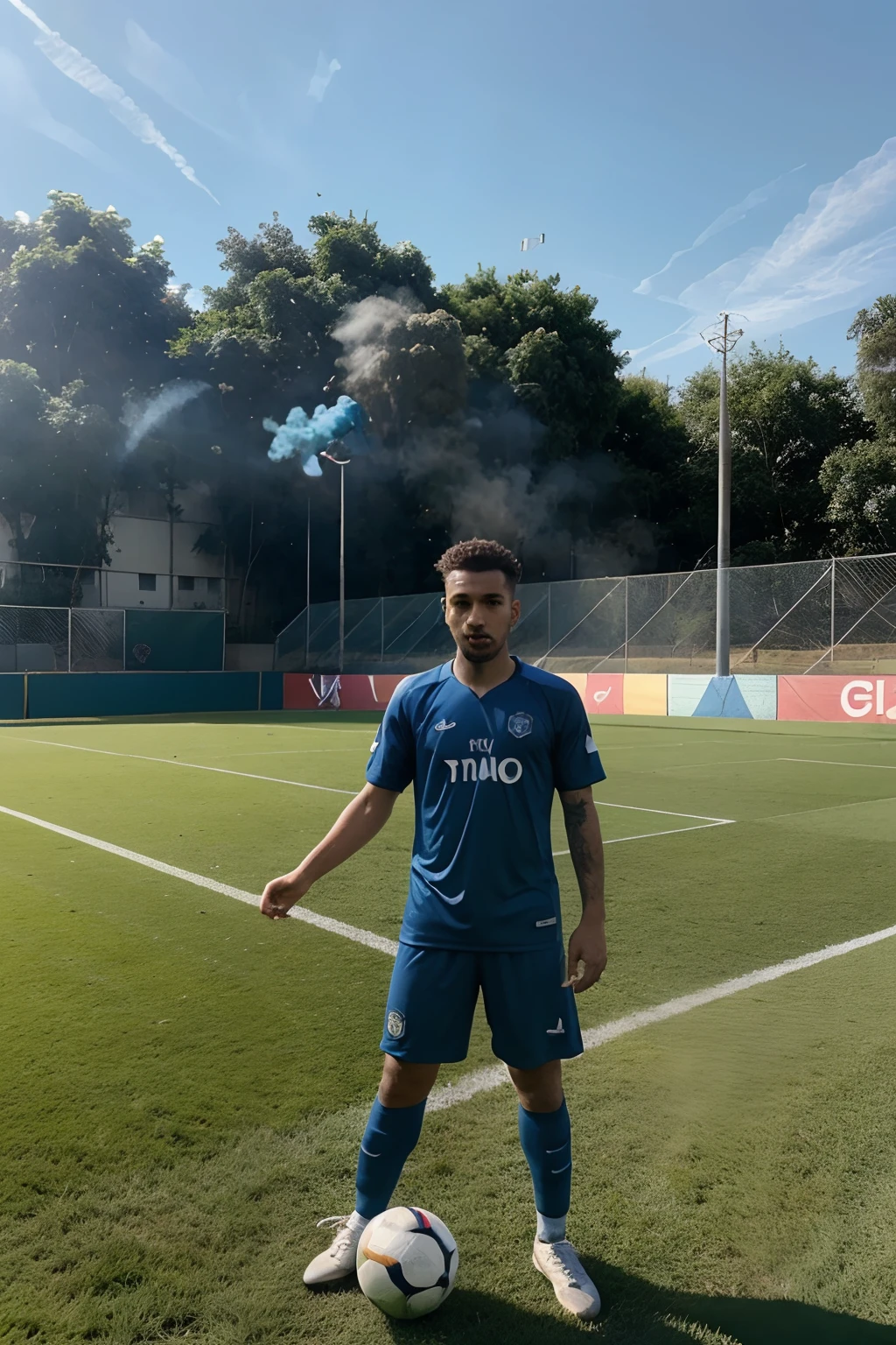 CAmpo de futebol , with blue smoke , rede quadrada , estilo simples