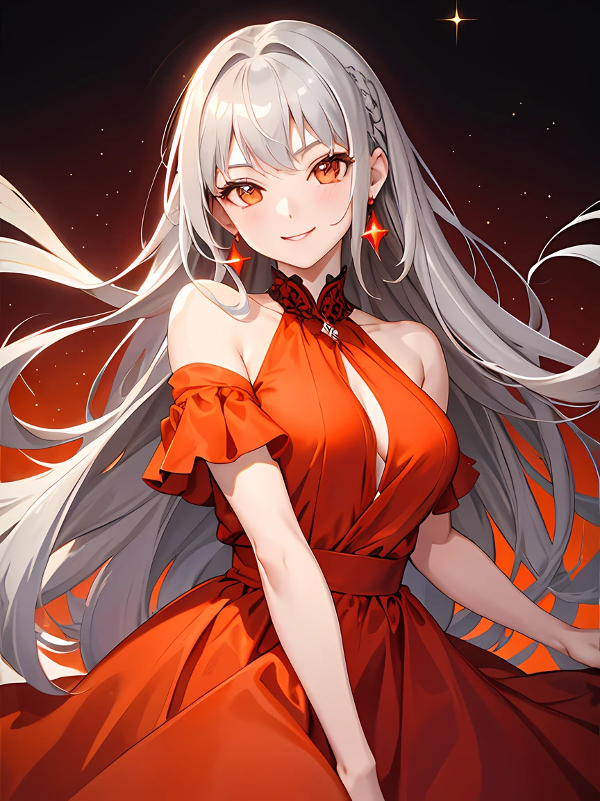 masterpiece, best quality, 1 girl, gray hair, orange eyes, smile, red dress, red background, sparkles