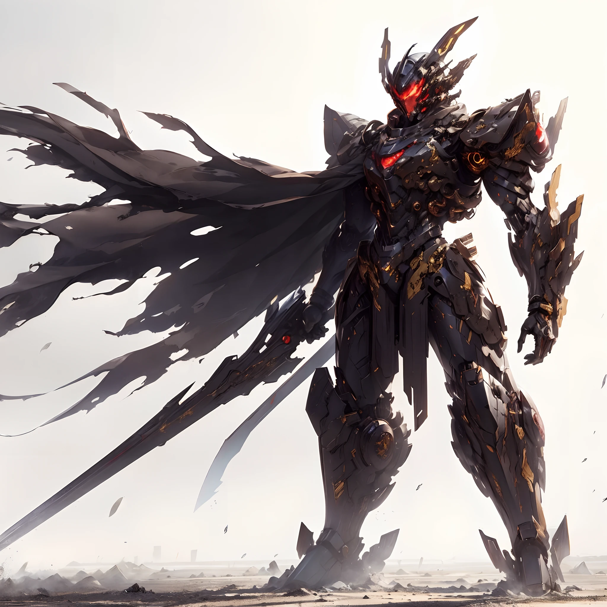 (masutepiece, Best Quality), Ultra-detailed, Anime style, Full body, New Exclusive Mobile Suit, Burnt black armor with gold accents, Standing in the wasteland, red eyes glowing, Wearing a shabby cloak, very stylish, 8K High Resolution, White background, Whole body, Hold Blade, Long Blade Antenna, Fist burning black and purple flames, Lightning is floating,