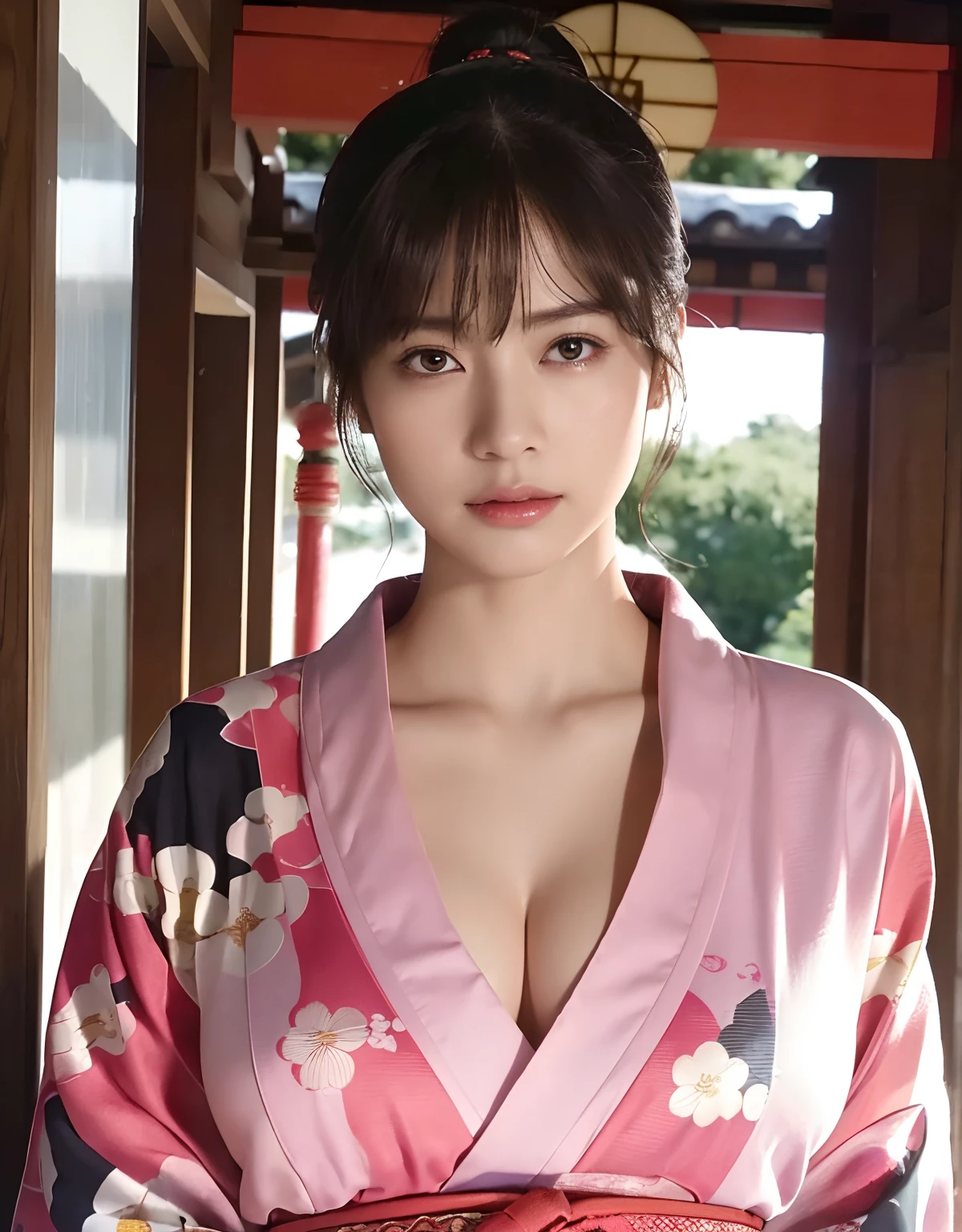 (top-quality、8K、32K、masterpiece、超A high resolution、nffsw:1.3)、(Japan idol:1.3)、1girl in、(Colossal tits:1.25)、(short-hair)、abdominals、the perfect body、((Takan Ninja)), Delicate facial features, Ultra-realistic, Hyper-realistic, 鎖骨、Shadow、octan render、((Wear a beautiful kimono with a high degree of exposure)),hyperdetailed face、Detailed lips、finely eye、二重まぶた、(魅惑的)、((agitation:1.5))、maikurobikini、((Navel))、Armpit、((Female ninja)),Kunoichi Ninja、Throw shurikens、Japan holding a sword、Mystical expression、shrine background、Old Town of Japan、((heavy breasts)),Toostock、mecosuji、Kimono with colorful floral pattern、highcontrast、(((Vivid colorful kimono))),