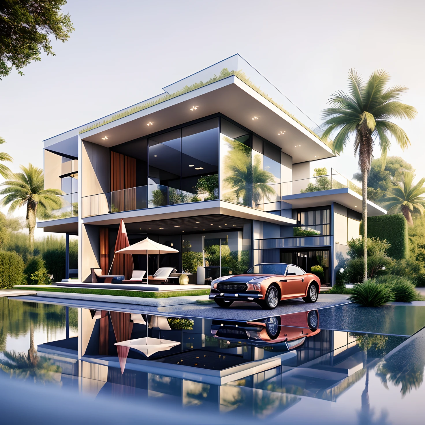 Realistic images, extremely detailed, a modern house, 1 road in font of house, large yard made by ceramic, (1 car), brick fence, lawn, a few small flowers, a road in front of the house, main materials of the house are white walls and red brick, Modern design, clear blue sky, sunrise light, light from inside, dynamic light,shimering light, cinematic light, romantic feeling, (((day light, warm light))), SNOW:1.3, WINTER