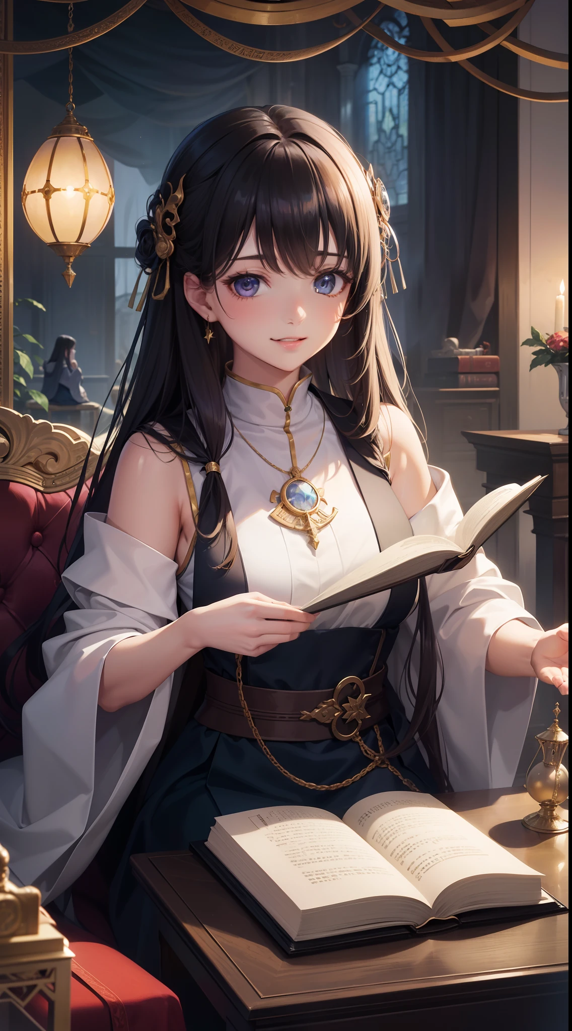 (masterpiece、top-quality、top-quality、Official art、Beautifully Aesthetic:1.2)、(1 girl in:1.3)、wavy and long hair、Dark brown hair、Lustrous hair、open smile、very detailed portrait、looking at the viewers、独奏、(full body Esbian:0.6)、In-depth background、a closeup、radiant eyes、(Cold Arctic Winter theme:1.1)、Holding a book in his hand、librarian、 There are so many books in the background、Opens mouth and laughs、eye glass、myterious、sitting on table、Colorful loose clothes without shoulders、grail、 Tarot cards on the floor、A large crystal ball in his hand、renaissance(interior of a tent:1.1)Background with、Dark mystical lighting、shadowy、Magical atmosphere、Starry Night、Dutch Angle、Healing and Guidance、Wakawe、wakame