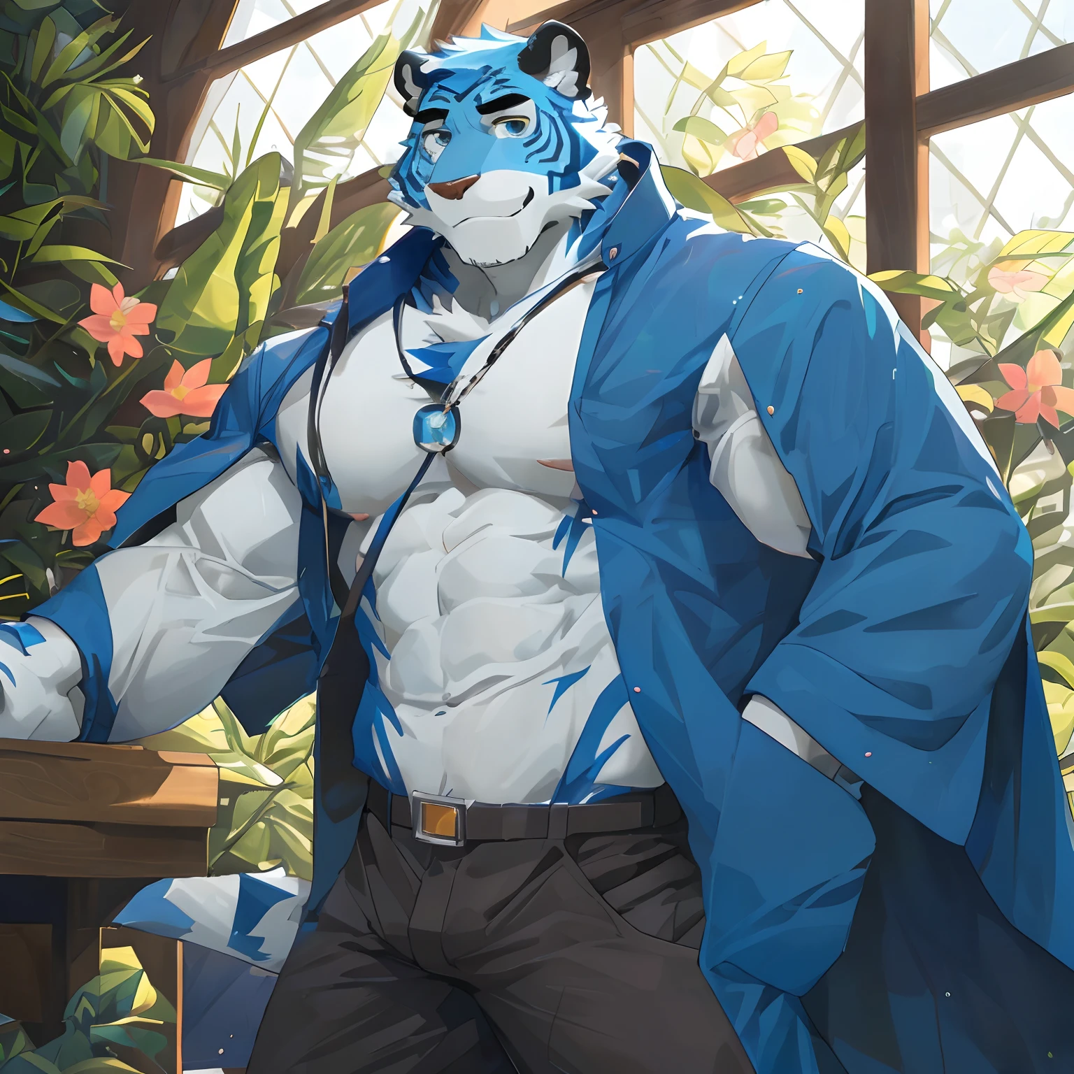 .Masterpiece,Best quality,Detailed background,hi，It's nothing,nj5furry,window,Sunlight,The name of the plant is forget-me-not, Solo,solofocus,Male,Male focus,anthro,Tiger or dog,(sport:0.5), (Blue-and-white-fur,,Black eyebrows:1.5),view the viewer, Elaborate Eyes,Detailed eyes,Onyx eyes,Puppeteer,5 fingers, (see-through raincoat),Smile with flowers in hand，Waiting for someone to knock him down，yaoi,Strong body，Majesty，He took the initiative to lift his shirt，Expose eight-haired abs and two thick pectorals,FURRY CHARACTER.