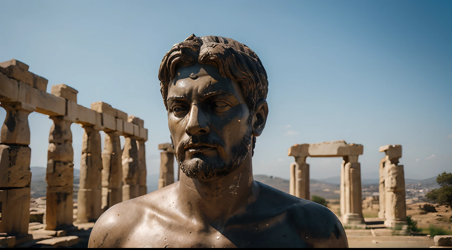 Ancient Stoic Statue With Very Angry Expression, tem barba, muitos detalhes em ambos os olhos, Outside, fundo atenas grego, open sky, com rosto extremamente detalhado full body view, Colors with low saturation with dark tone, Filmado em Sony A7S III com Sony FE 35mm f/1.8, 12.1 MP, --AR 3:2 --estilo cru