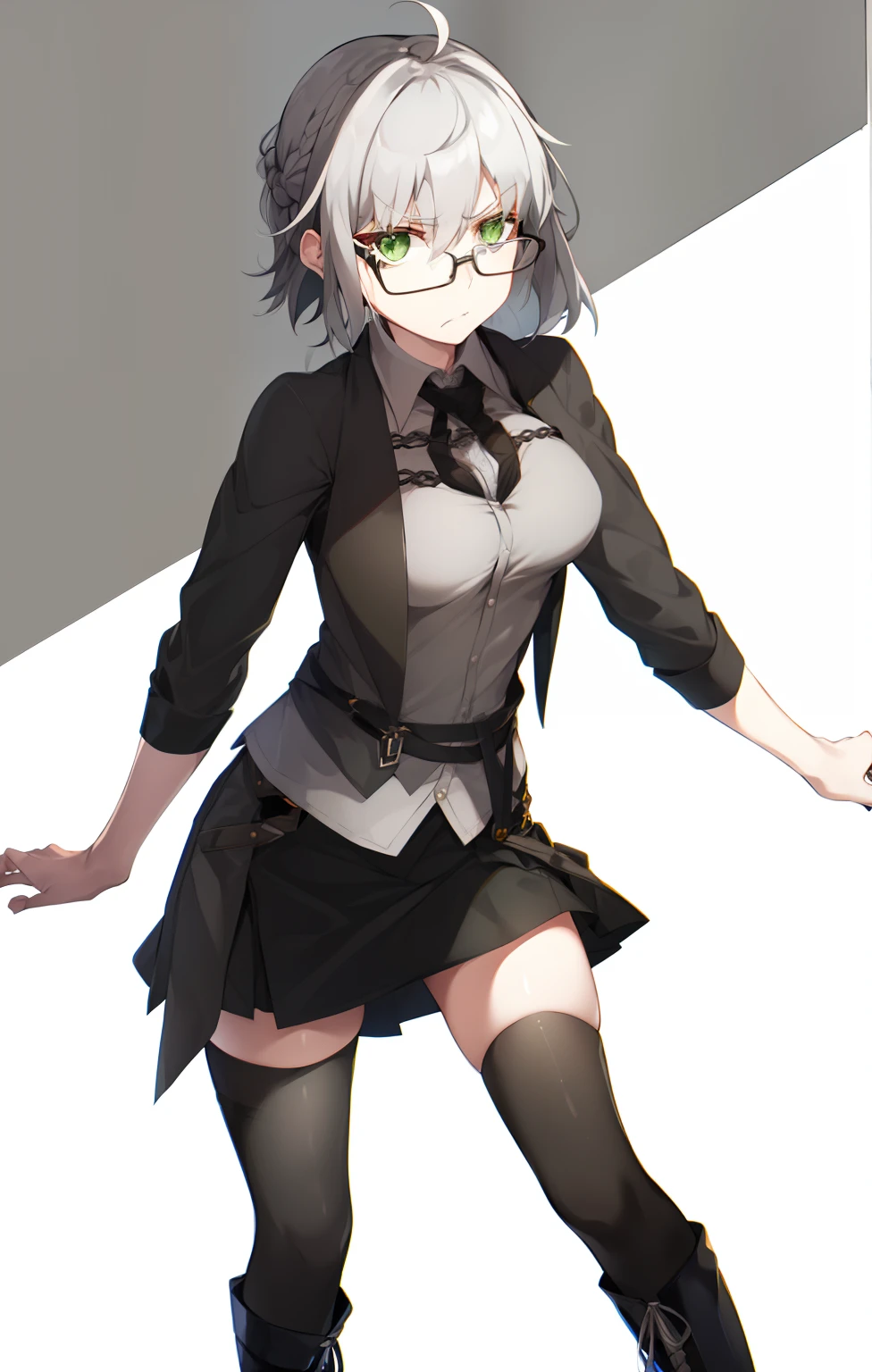 1girl, solo, gray hair, braided, green eyes, white shirt, harness, black skirt, black stocking, black boots, unamused face, glasses