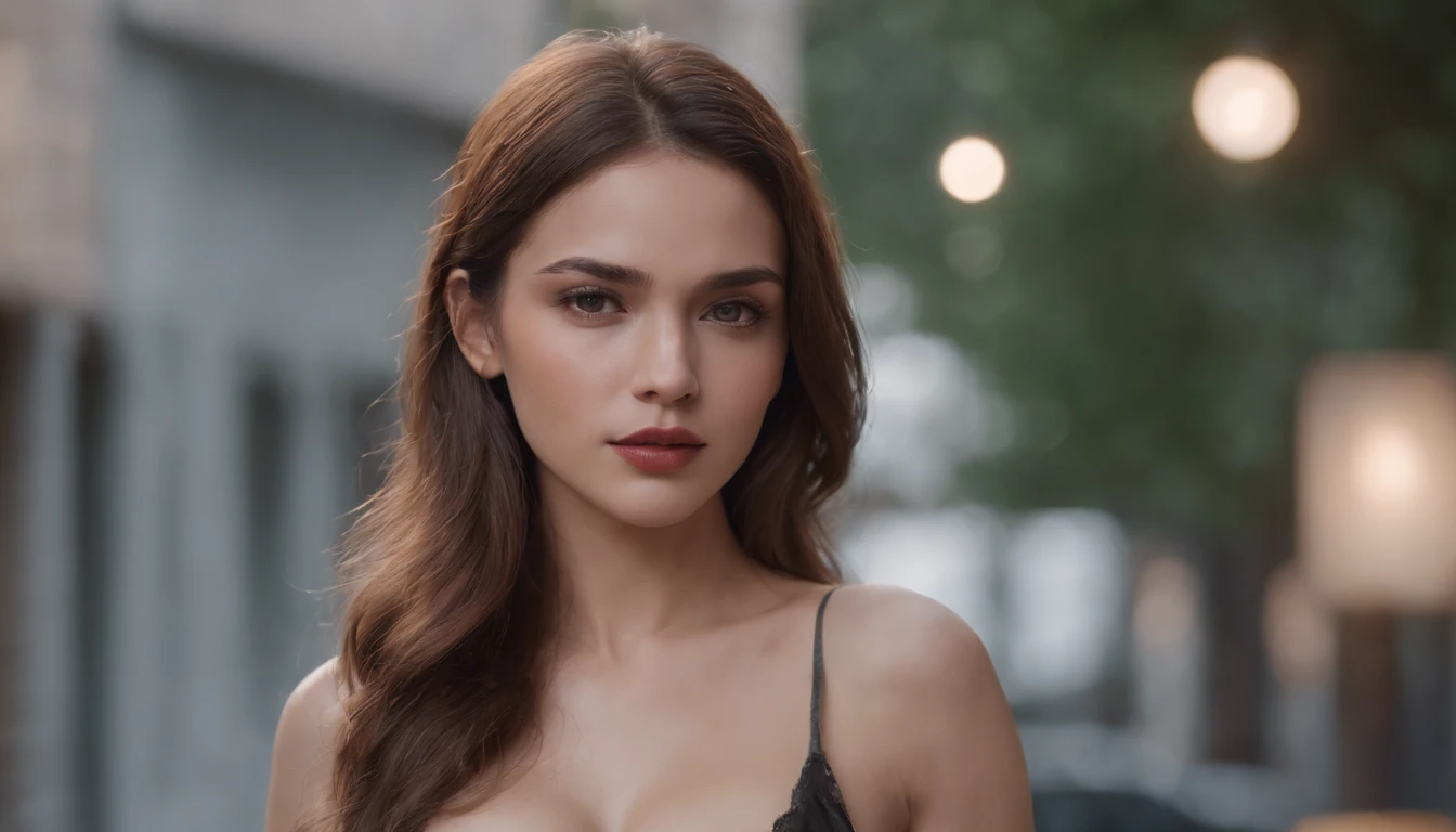 Menina europeia, 20 anos, olhos verdes, cabelos loiros escuros ondulados, face redonda, Sorridente, boca aberta, baixa estatura, Voluptuoso e sexy, Camisa branca vestida meio aberta, Saia xadrez curta com cores vermelha e preta, seios medio, Fotorealista, Concentrado, max quality, artistic work, City background at night with neon lights