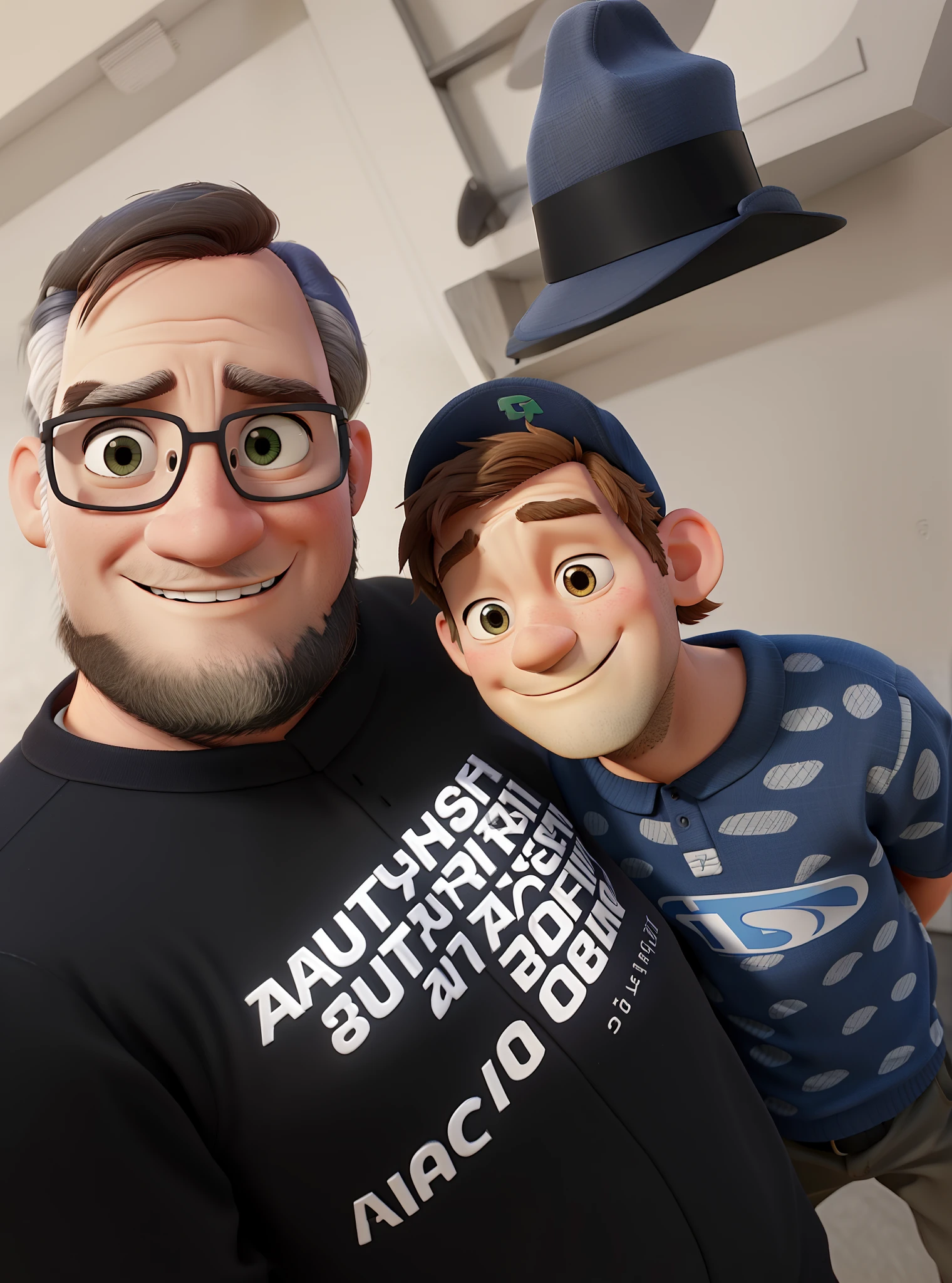 Father young and son with caps, estilo Pixar, boa qualidade, melhor qualidade