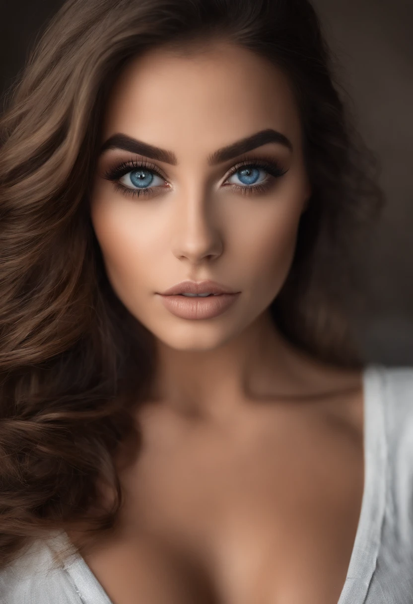 Chica sexy con ojos azul cielo, ultra realista, meticulosamente detallado, brown hair and large eyes, selfie de una mujer joven, Ojos de Dubai, Violeta Myers, sin maquillaje, Maquillaje natural, staring directly into camera, cara con artgram, maquillaje sutil, Impresionante foto de cuerpo completo arrodillado en la cama, En el dormitorio, Medium to large size bust, completa