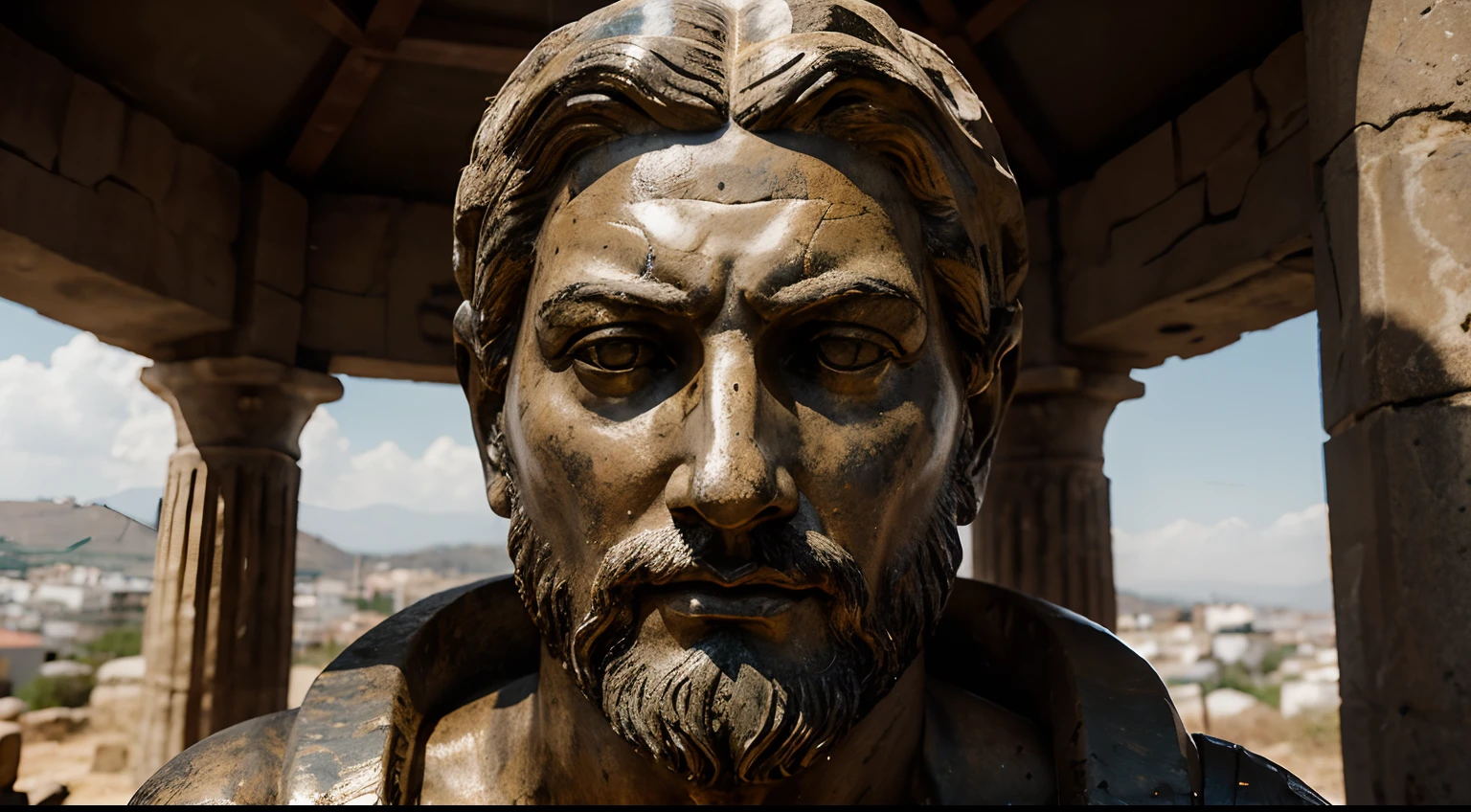 Ancient Stoic Statue With Very Angry Expression, tem barba, muitos detalhes em ambos os olhos, Outside, fundo atenas grego, open sky, com rosto extremamente detalhado full body view, Colors with low saturation with dark tone, Filmado em Sony A7S III com Sony FE 35mm f/1.8, 12.1 MP, --AR 3:2 --estilo cru