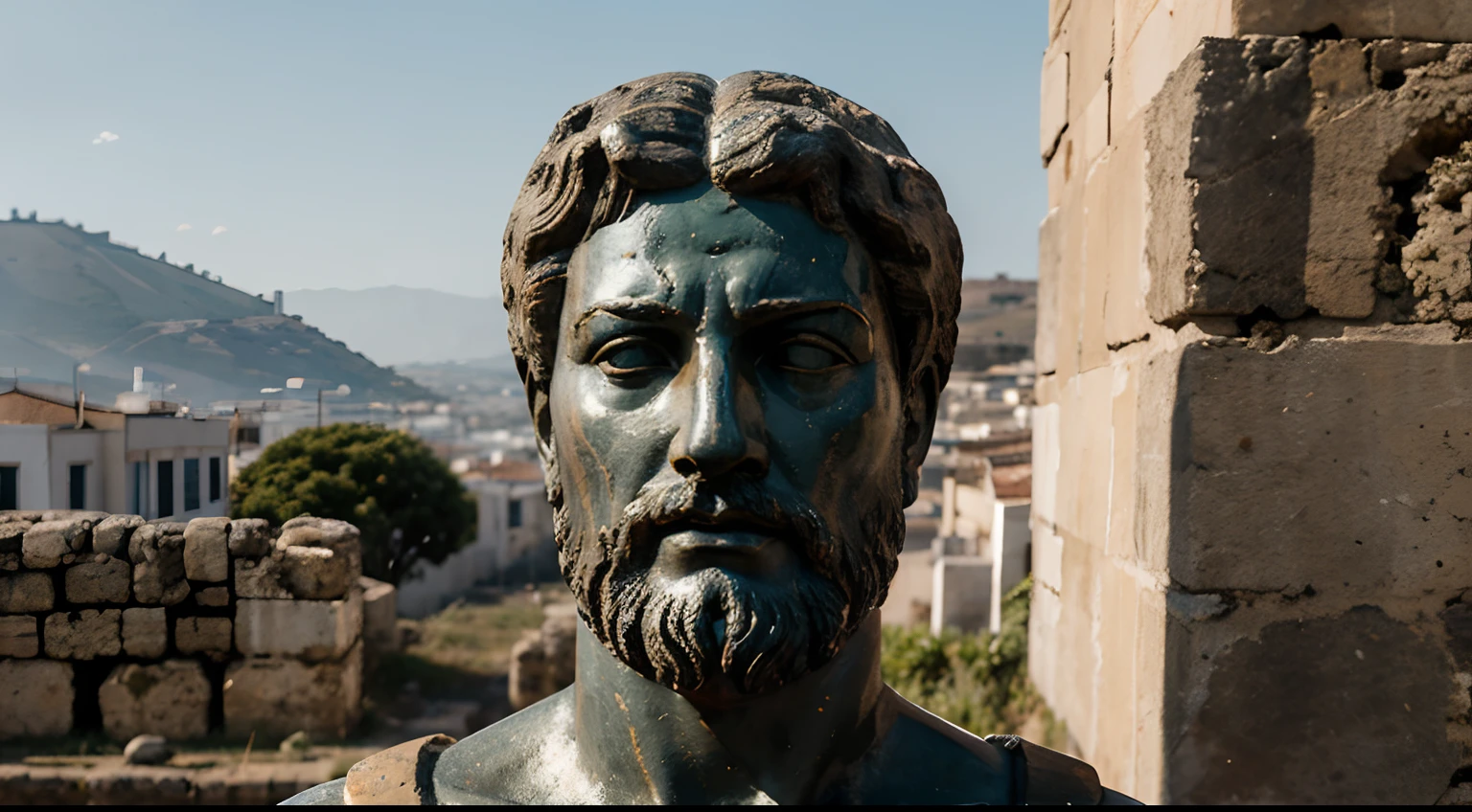 Ancient Stoic Statue With Very Angry Expression, tem barba, muitos detalhes em ambos os olhos, Outside, fundo atenas grego, open sky, com rosto extremamente detalhado full body view, Colors with low saturation with dark tone, Filmado em Sony A7S III com Sony FE 35mm f/1.8, 12.1 MP, --AR 3:2 --estilo cru