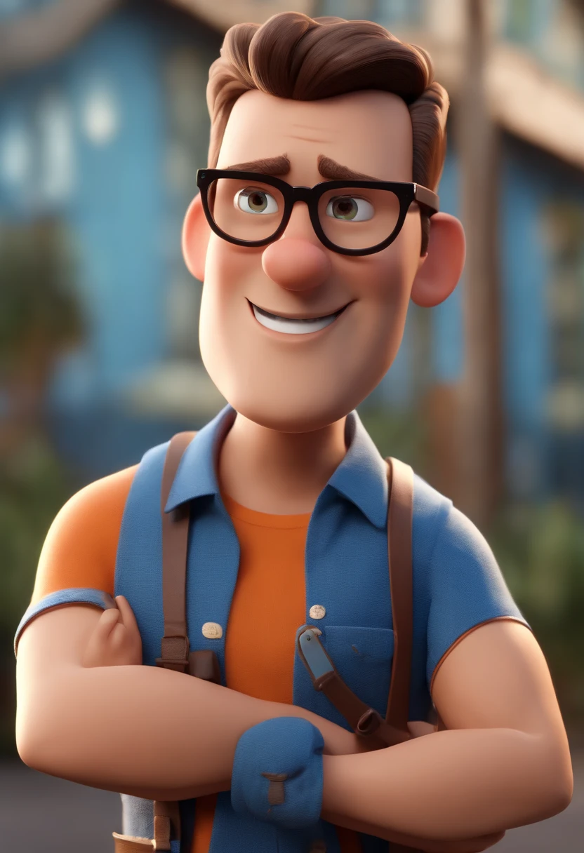 Cartoon character of a man wearing black glasses and a blue shirt, um personagem animado, Caractere estilizado, animation style rendering, 3D estilizado, Arnold Maya render, 3 d render stylized, toon render keyshot, Personagem 3D, Personagem 3D, 3d rendering stylized, 3 d character render, personagem de desenho animado, Personagem de close up, Pose de personagem, (Estilo Pixar) (master part:1.2) (Bokeh) (best quality) (pele detalhada) (textura detalhada) (8k) (argila) (Cinematic lighting) (foco nítido,Senta e vaza a parte superior do corpo