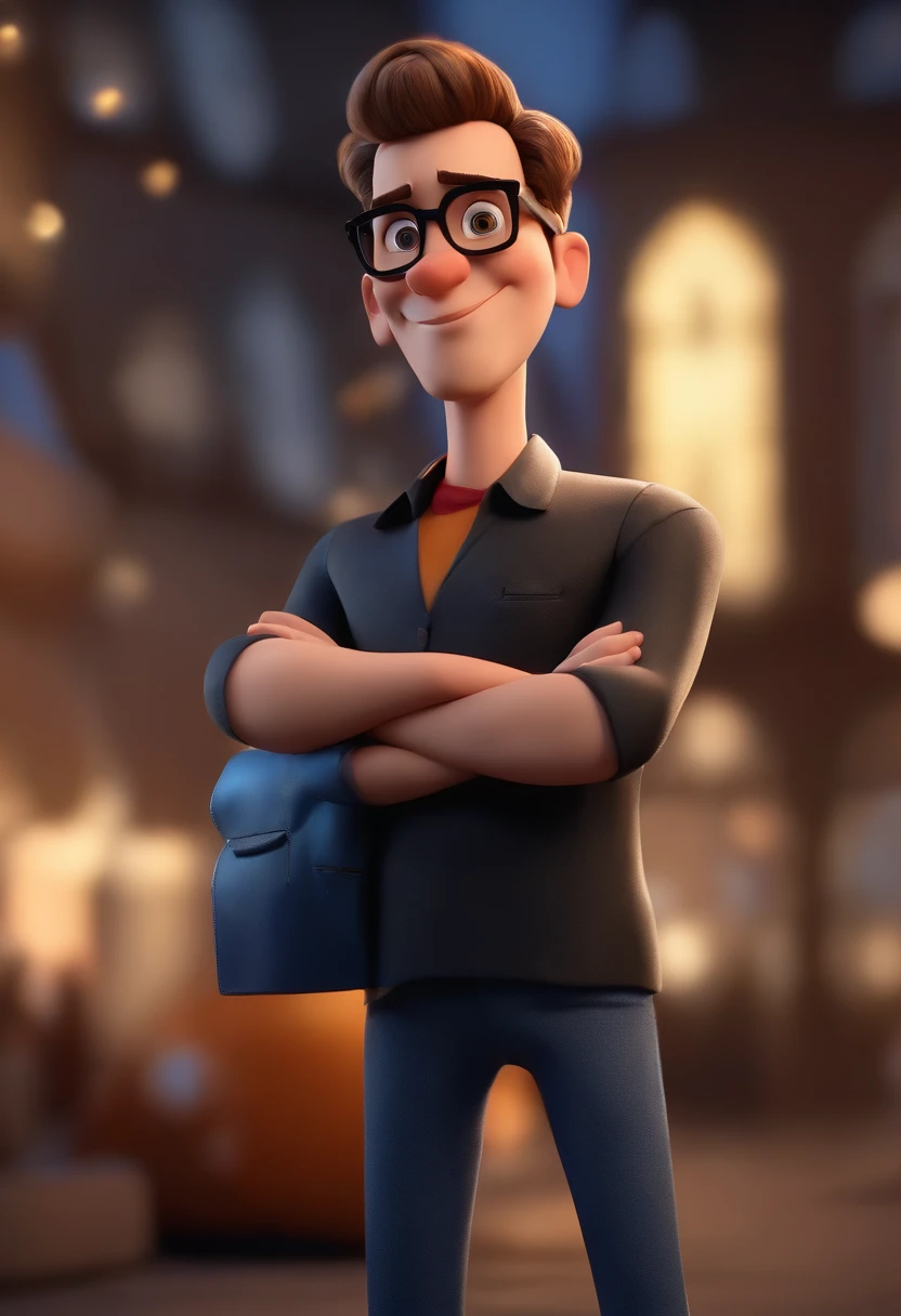 Cartoon character of a man wearing black glasses and a blue shirt, um personagem animado, Caractere estilizado, animation style rendering, 3D estilizado, Arnold Maya render, 3 d render stylized, toon render keyshot, Personagem 3D, Personagem 3D, 3d rendering stylized, 3 d character render, personagem de desenho animado, Personagem de close up, Pose de personagem, (Estilo Pixar) (master part:1.2) (Bokeh) (best quality) (pele detalhada) (textura detalhada) (8k) (argila) (Cinematic lighting) (foco nítido,Senta e vaza a parte superior do corpo