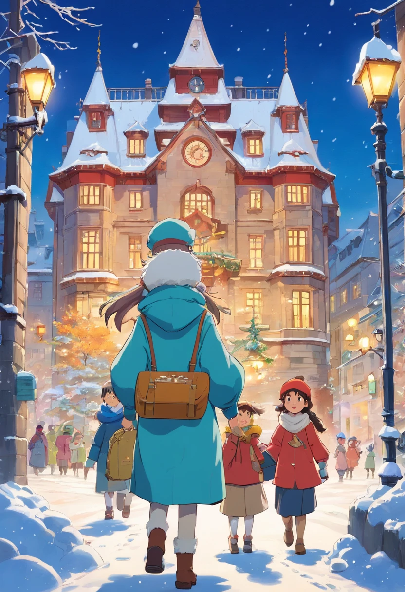 Imagine a snowy day at a Quebec City school that feels like it's part of a Studio Ghibli adventure. Bring to life children playing joyfully in the snow, with distant school bells ringing like the call of a friendly forest spirit, and the muffled voices of teachers guiding their young pupils.