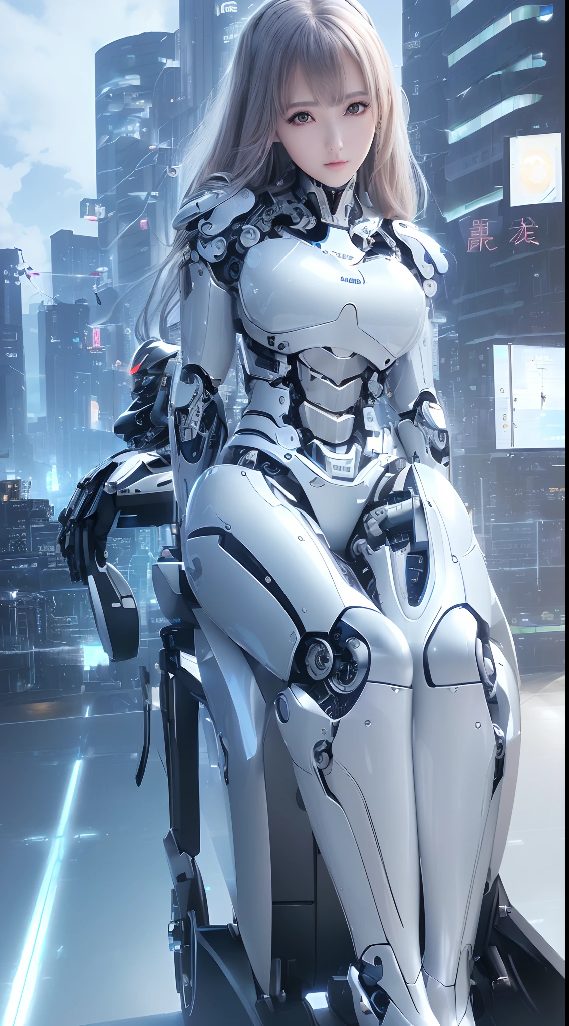 ((masutepiece)), ((top-quality), high quarity、ultra-definition, (Realistic、photoRealstic),  ((well proportioned face))、fulcolor 、(scientific fiction)、(独奏)、Beautiful robot woman、Maintenance of a broken combat robot、(Perfect robot joint:1.3)、(Detailed electronic board:1.3)、(Machine frame:1.3)、White porcelain mechanical armor、(Oval curvaceous face)、(machine components:1.3)、(Almond-shaped eyes without emotion)、thin mouth、deadpan、(Perfect mechanical two-handed:1.3)、((Cyber City Road during the day))、Perfect robot legs、high-heels、(Sit up)