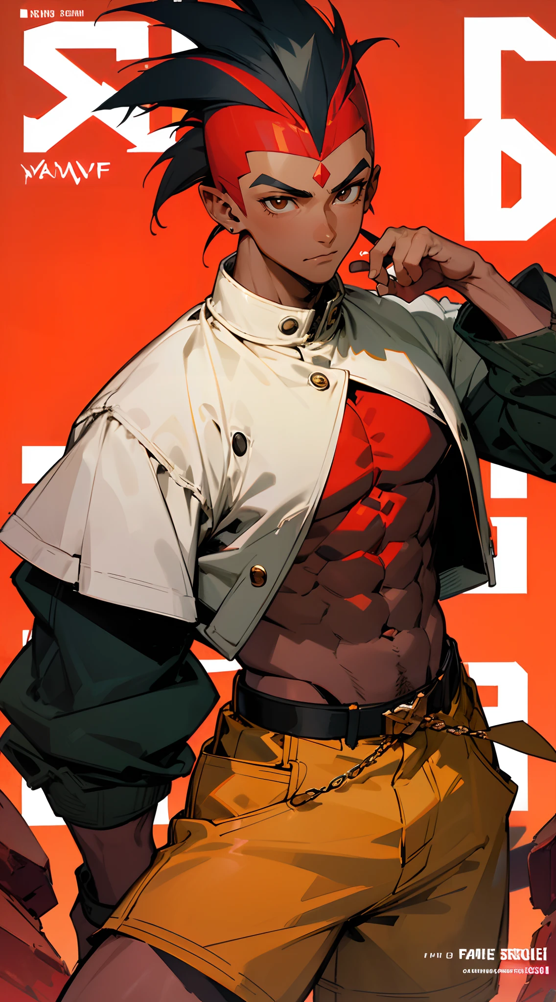 Handsome man , black hair , ((has a Mohawk:1.2)), Brown eyes , brown skin, dark skin , muscular, ((Has a red Stone in the center of his forehead:1.3)), ripped abs , age 26,
Solo, sfw, cap, shorts, jacket, (Magazine cover-style illustration of a fashionable character in vibrant outfit posing in front of a colorful and dynamic background. They have a confident expression and is striking a pose. The text on the cover should be bold and attention-grabbing, with the title of the magazine and a catchy headline. The overall style should be modern and trendy, with a focus on fashion and lifestyle), wallpaper, crowds, fashion, contrapposto, model, cool
(masterpiece, best quality )detailed, 1Character , pastel washed out colors , cell shade , soft, muted shades ,gentle colors ,