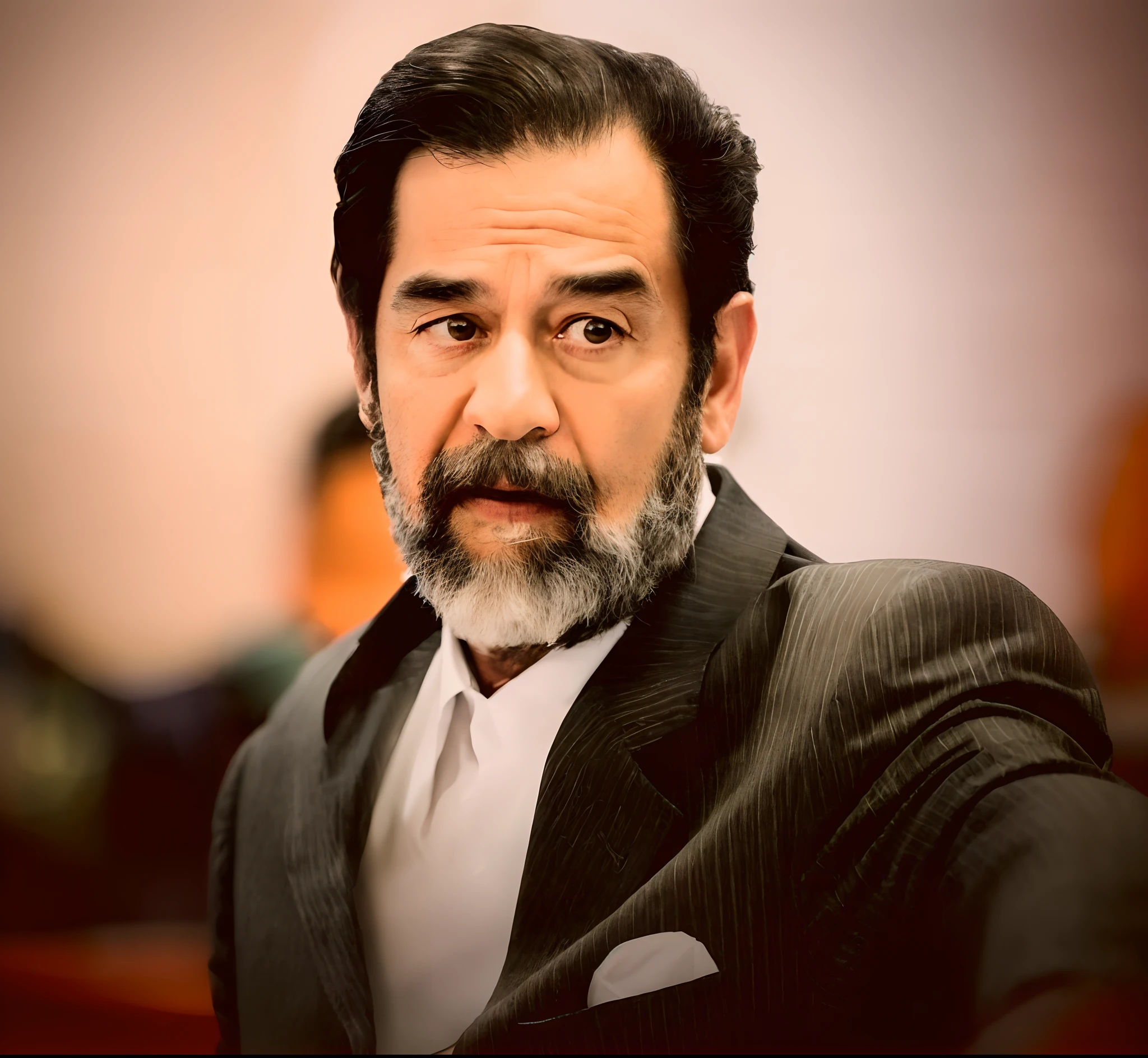((half body)) Photo RAW Ceo Man sitting in an office chair, wearing black suit, (Using Dark Beard) movie scene, (Impeccable) ,Serious and elegant man, , with thick male eyebrows, (with mysterious and serious face,) short dark hair, dark black background image, elegant, ( high quality and realistic image), ((Best Quality, 8k, Masterpiece)