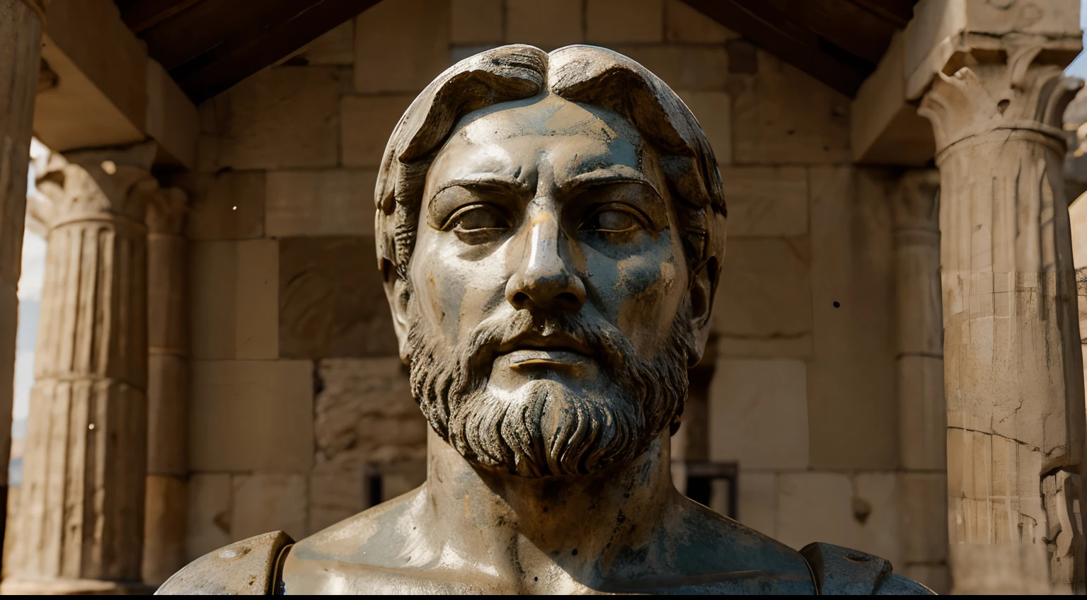 Ancient Stoic Statue With Very Angry Expression, tem barba, muitos detalhes em ambos os olhos, Outside, fundo atenas grego, open sky, com rosto extremamente detalhado full body view, Colors with low saturation with dark tone, Filmado em Sony A7S III com Sony FE 35mm f/1.8, 12.1 MP, --AR 3:2 --estilo cru