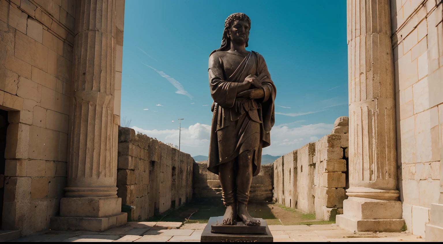 Ancient Stoic Statue With Very Angry Expression, tem barba, muitos detalhes em ambos os olhos, Outside, fundo atenas grego, open sky, com rosto extremamente detalhado full body view, Colors with low saturation with dark tone, Filmado em Sony A7S III com Sony FE 35mm f/1.8, 12.1 MP, --AR 3:2 --estilo cru