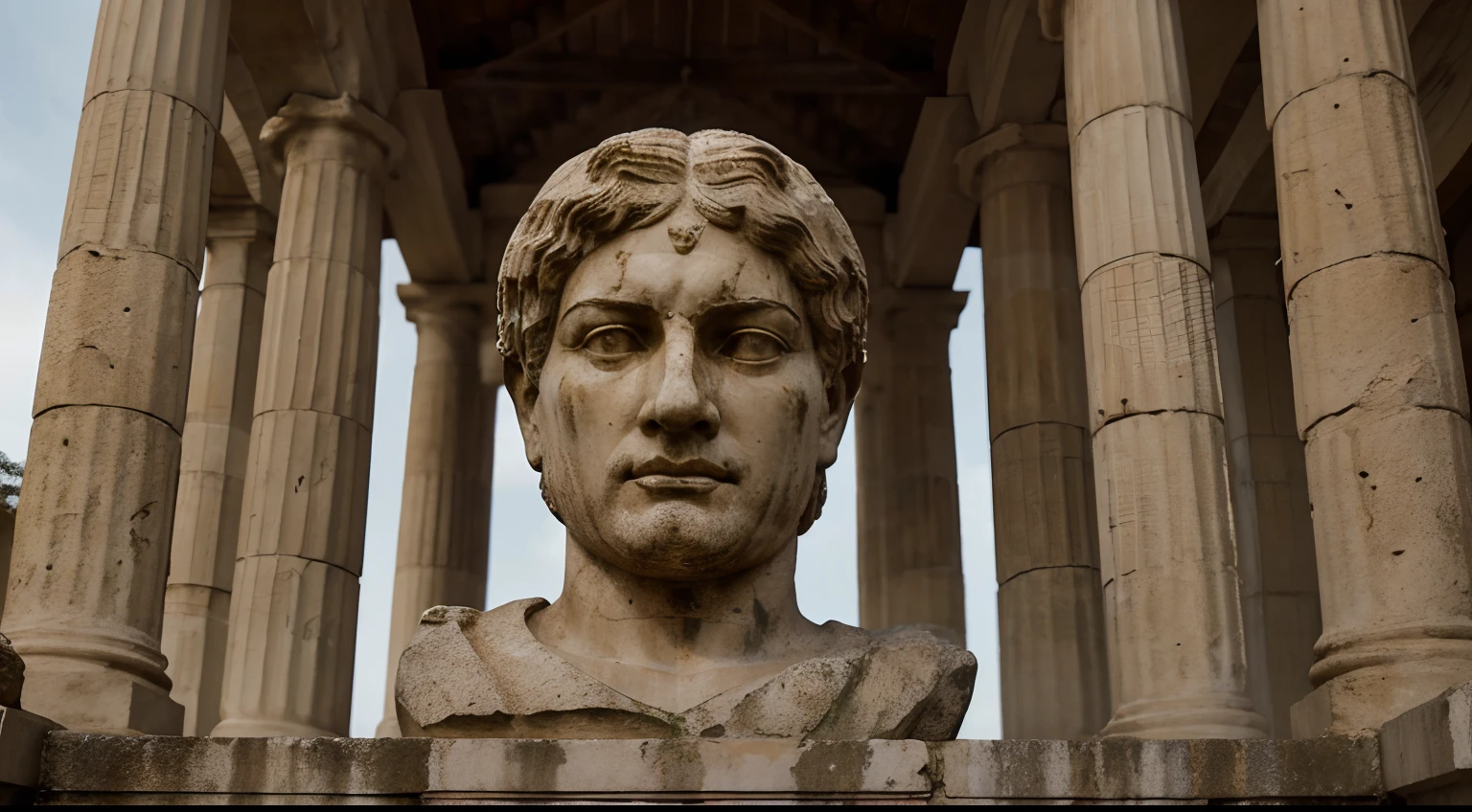 Ancient Stoic Statue With Very Angry Expression, tem barba, muitos detalhes em ambos os olhos, Outside, fundo atenas grego, open sky, com rosto extremamente detalhado full body view, Colors with low saturation with dark tone, Filmado em Sony A7S III com Sony FE 35mm f/1.8, 12.1 MP, --AR 3:2 --estilo cru