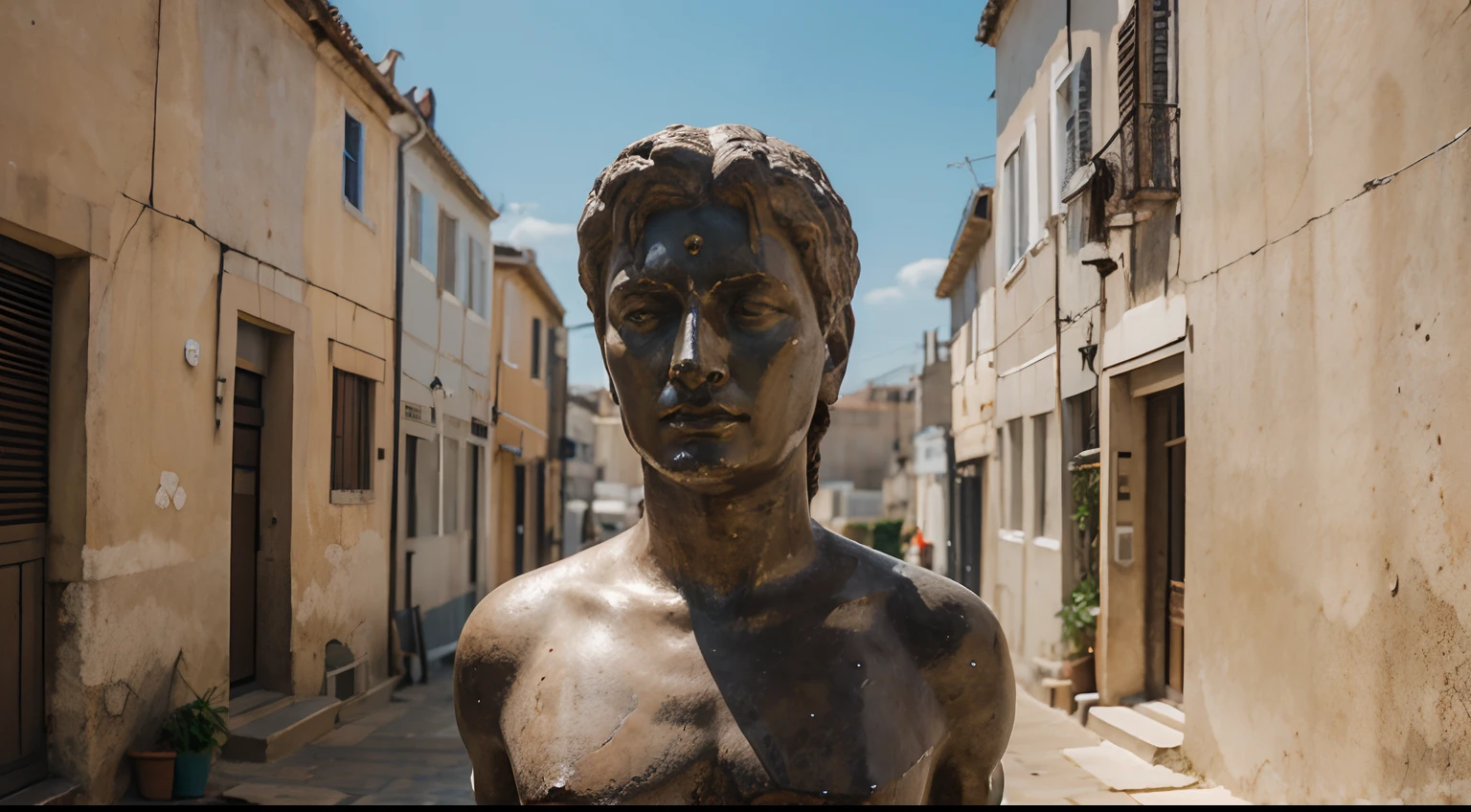 Ancient Stoic Statue With Very Angry Expression, tem barba, muitos detalhes em ambos os olhos, Outside, fundo atenas grego, open sky, com rosto extremamente detalhado full body view, Colors with low saturation with dark tone, Filmado em Sony A7S III com Sony FE 35mm f/1.8, 12.1 MP, --AR 3:2 --estilo cru