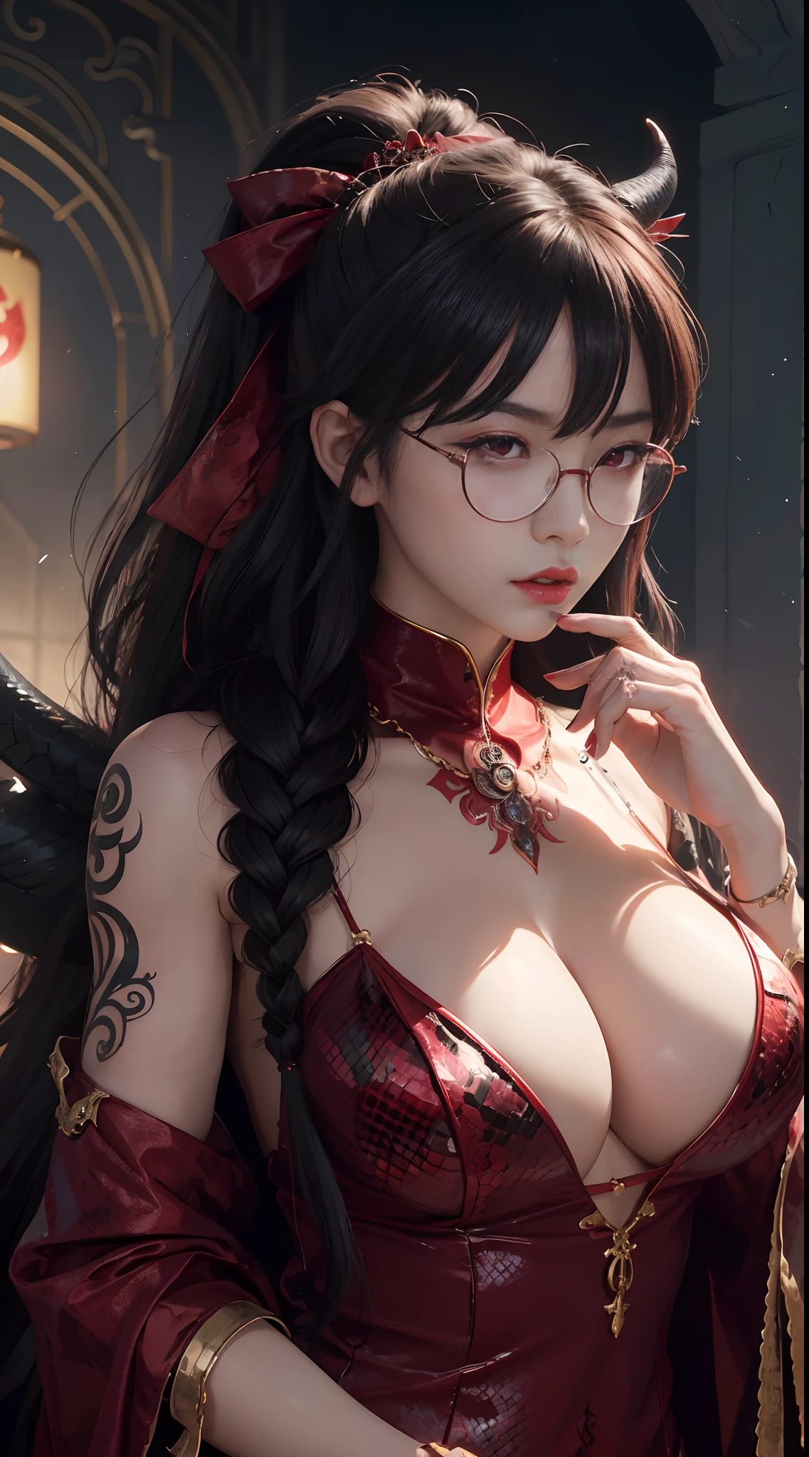 Fine、(The best illustrations)、8k UHD resolution、intricate-detail、top-quality、realisitic、ultra-detailliert、The best lighting、Best Shadows、Soft lighting、Ulutra HD、Ultra-realistic、Tindall Effect、Photorealsitic、(High Detail Skins:1.2)、 (Intricate details, makeup, pureerosface_v1:0.5), (Detailed beautiful delicate face, Detailed beautiful delicate eyes, A perfectly proportioned face, High detailed skin, Detailed skin, best ratio four finger and one thumb, arms below breasts, Tattoo with a red glow under the stomach、Awesome awesome, wide hips, smooth midriff, skiny and thin, __Fashion__, __hair__:1.25)、Digital SLR、 absurderes、1 beautiful devil woman from hell, surreal female portraits by David Hockney and Alphonse Mucha, Portrait of a seductive woman、Fantasy Art, Chinese Doll、Chinese actress、Dungeon、The dragon、Devil's Palace、Devil's Torture Chamber、natta、Dark style 、In the Dark、(Detailed spooky backgrounds:0.8), magia、 1人、Evil Nun、Dark Necromancer、Succubus、Devil's Daughter、Umi Shinonome、Bat Wings,(((Demon Horns)))、 ((((Huge glasses, Otaku Glasses, thick glasses, Round glasses)))),(((Colossal tits)))、(Devil's Tail)、(red eyes glowing:1.6)、red eyes make up very sharp and detailed, The eyes are very well made up, ((Red Eye:1.0)),intricate tattoos, demonic intricate tattoos, thigh tattoos, body tattoos, masterpiece、The most beautiful face、a baby face、Charming smile、plump beautiful red lips、Muscular seductive body、The enchanting body of the devil、devil style、Seductive Black Magic Costume、(((A shiny red snake is wrapped around her body)))、The long-haired、Braids、Black hair、Ponytail distortion、, Ponytail with a bow tied at the back of the hair, Beautiful expression、Body Up、Large breasts emphasis、Bust, Super tight breasts, Breast augmentation surgery, The breasts are very big and round and round,Toned waist、Wide buttocks、 lowkey, cowboy lens, (Black Phoenix Dress: 1.0), devil crown, Red sparkling gemstone necklace、Jewelry Gwise, wearing black mesh socks,Wear light red、nffsw