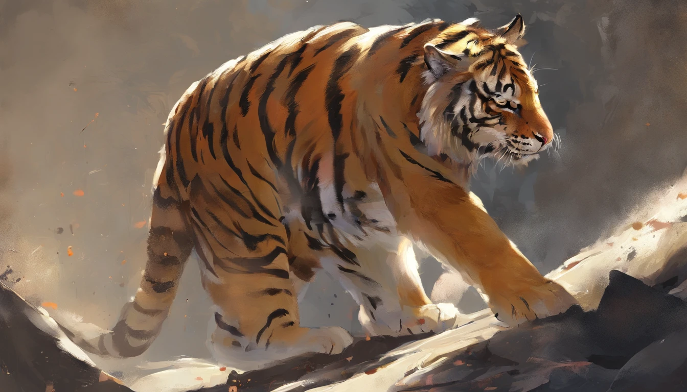 O tigre se concentra no rosto, (melhor qualidade, mais alto, photo-realistic:1.37), Um olhar detalhado, olhar forte, Robust and powerful construction, cores vivas e chamativas, dramatic lighting, inspiring composition, majestic and fierce presence, estilo de fotografia da vida selvagem, uma paleta de cores quentes
