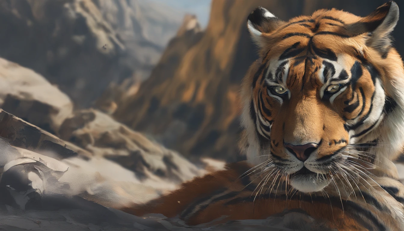 O tigre se concentra no rosto, (melhor qualidade, mais alto, photo-realistic:1.37), Um olhar detalhado, olhar forte, Robust and powerful construction, cores vivas e chamativas, dramatic lighting, inspiring composition, majestic and fierce presence, estilo de fotografia da vida selvagem, uma paleta de cores quentes