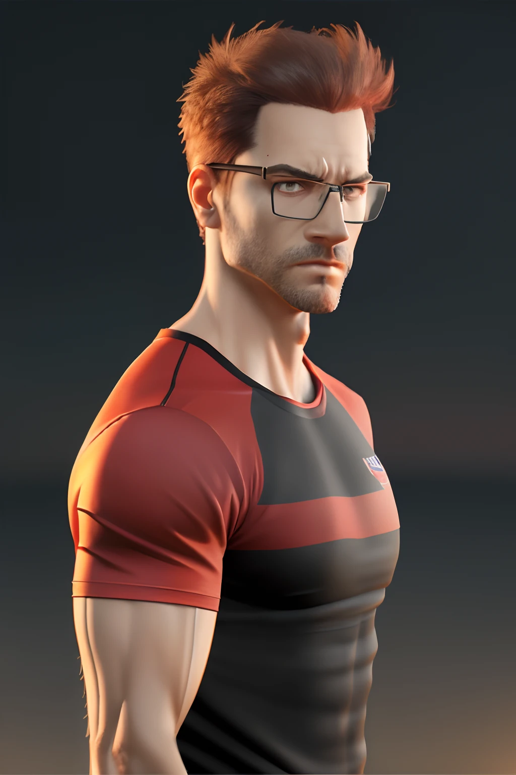 Cartoon character of a strong man with black glasses and a red shirt, Background a gym animation character, Caractere estilizado, animation style rendering, 3D estilizado, Arnold Maya render, 3 d render stylized, toon render keyshot, Personagem 3D, Personagem 3D, 3d rendering stylized, 3 d character render, personagem de desenho animado, Personagem de close up, Pose de personagem, (Estilo Pixar) (master part:1.2) (Bokeh) (best quality) (pele detalhada) (textura detalhada) (8k) (argila) (Cinematic lighting) (foco nítido