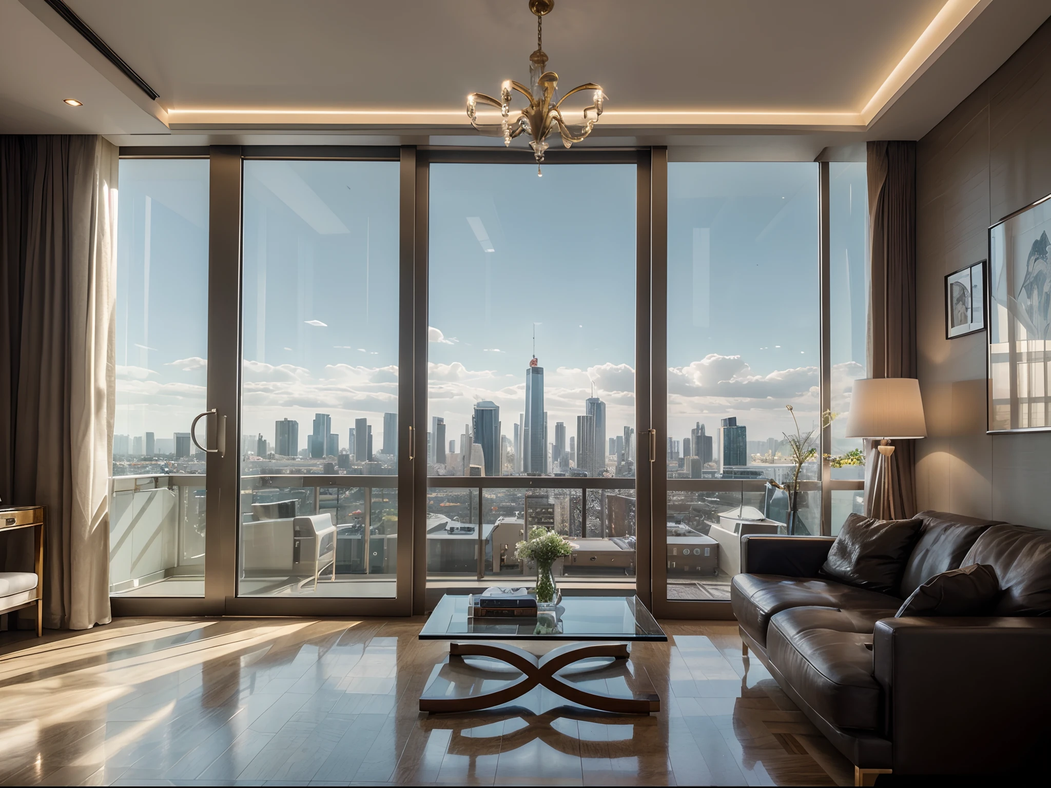 Craft a photorealistic image of a modern, luxurious penthouse apartment with floor-to-ceiling windows offering panoramic city skyline views. Emphasize the opulence of the space and the interplay of natural and artificial light.