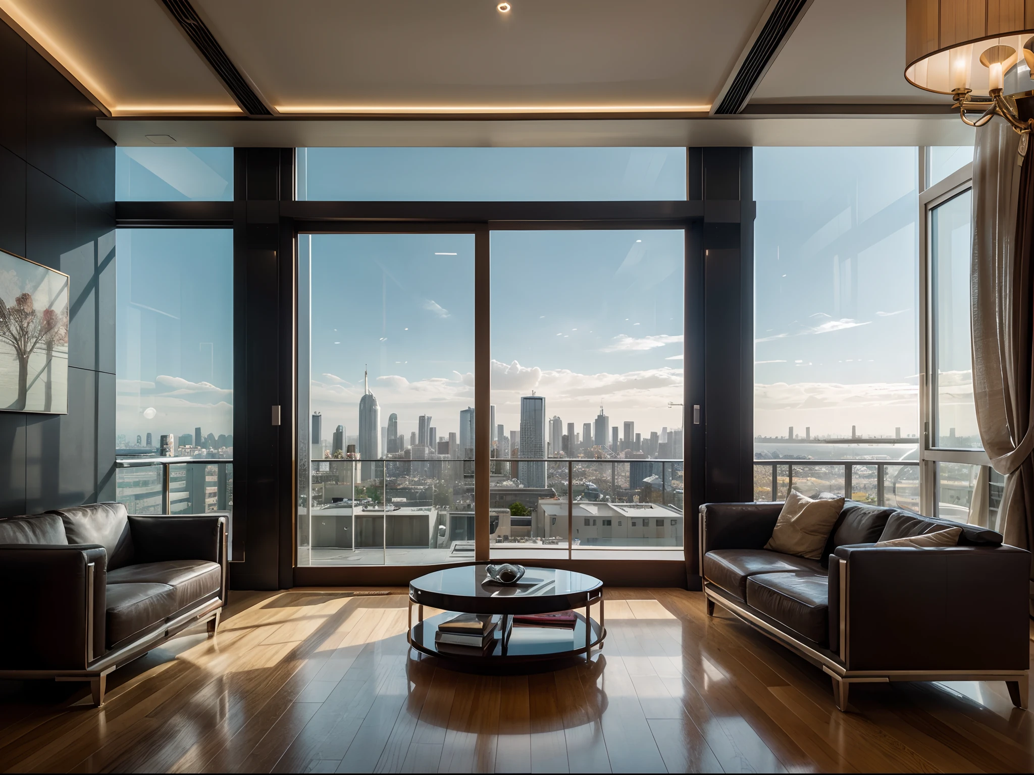 Craft a photorealistic image of a modern, luxurious penthouse apartment with floor-to-ceiling windows offering panoramic city skyline views. Emphasize the opulence of the space and the interplay of natural and artificial light.