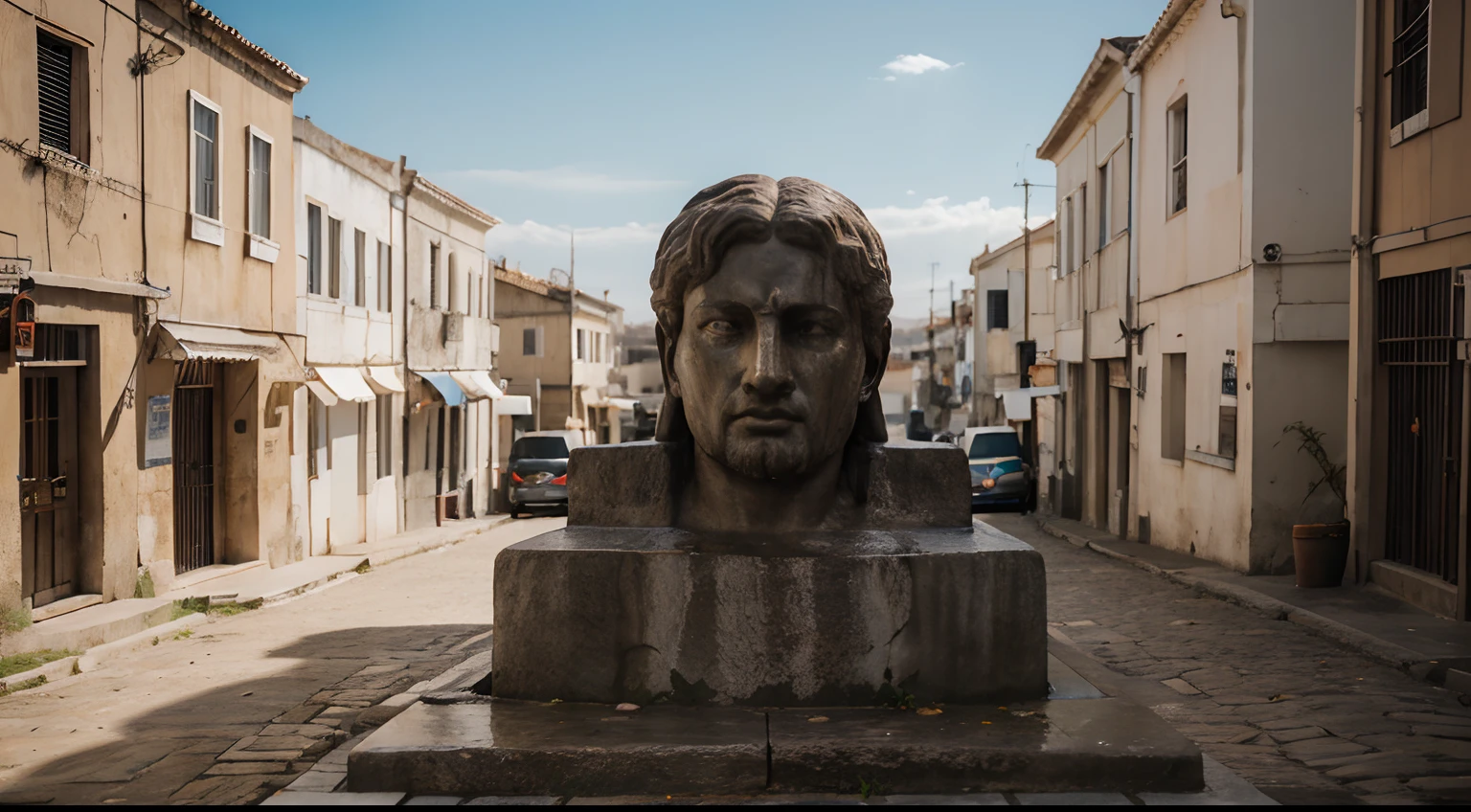 Ancient Stoic Statue With Very Angry Expression, tem barba, muitos detalhes em ambos os olhos, Outside, fundo atenas grego, open sky, com rosto extremamente detalhado full body view, Colors with low saturation with dark tone, Filmado em Sony A7S III com Sony FE 35mm f/1.8, 12.1 MP, --AR 3:2 --estilo cru
