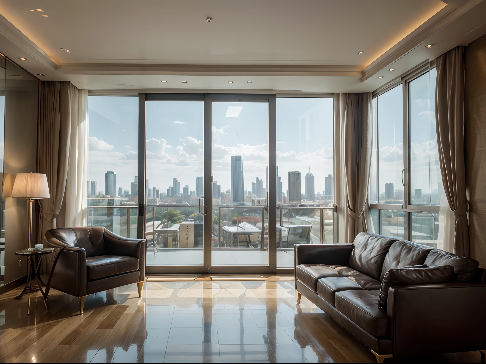 Craft a photorealistic image of a modern, luxurious penthouse apartment with floor-to-ceiling windows offering panoramic city skyline views. Emphasize the opulence of the space and the interplay of natural and artificial light.
