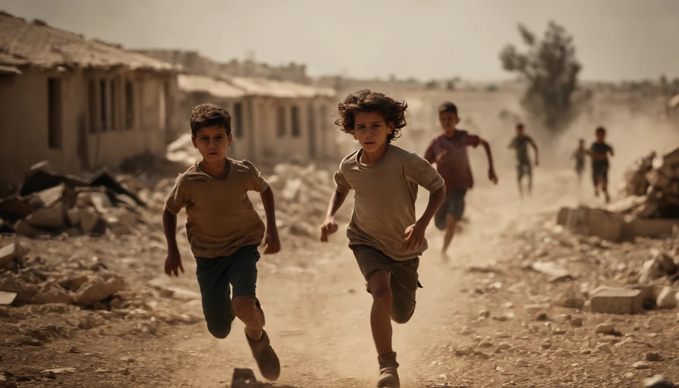 Several children running away from Israeli soldiers and there's is destroyed houses on the background and injured civilians make it more cinematic and real