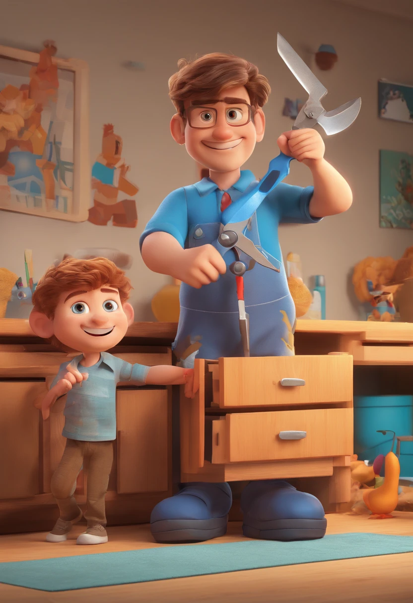 Estilo Pixar: The grown man is holding a naked blue-eyed boy and in his other hand he is holding a pair of scissors and is trying to cut off the boy's testicles,3D Poster,Disney