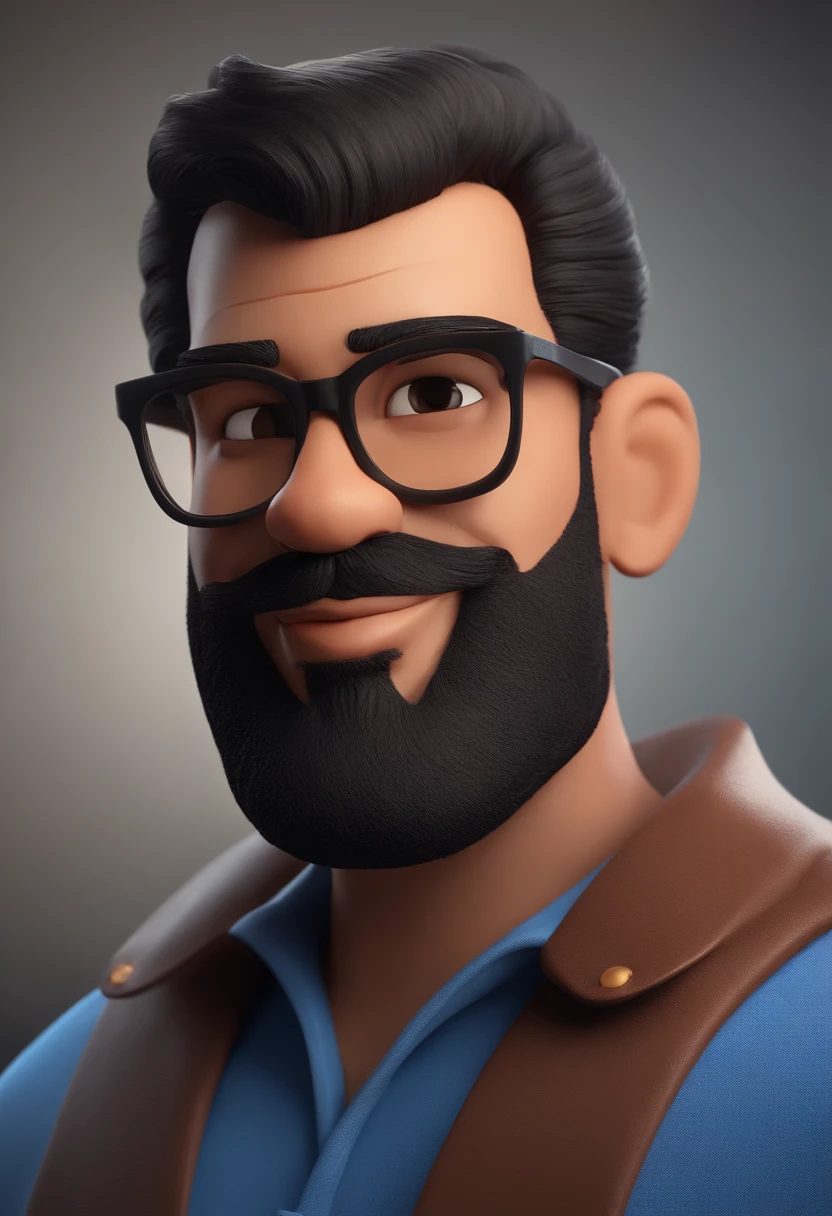 Personagem de desenho animado de um homem negro, With a beard and bald head wearing black glasses and a blue shirt, um personagem animado, Caractere estilizado, animation style rendering, 3D estilizado, Arnold Maya render, 3 d render stylized, toon render keyshot, Personagem 3D, Personagem 3D, 3d rendering stylized, 3 d character render, personagem de desenho animado, Personagem de close up, Pose de personagem, (Estilo Pixar) (master part:1.2) (Bokeh) (best quality) (pele detalhada) (textura detalhada) (8k) (argila) (Cinematic lighting) (foco nítido,Senta e vaza a parte superior do corpo