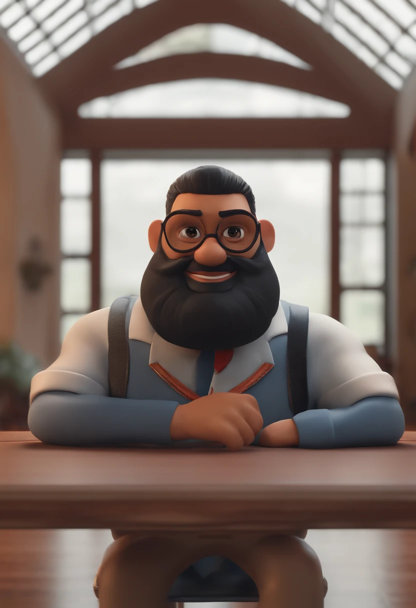 Personagem de desenho animado de um homem negro, With a beard and bald head wearing black glasses and a blue shirt, um personagem animado, Caractere estilizado, animation style rendering, 3D estilizado, Arnold Maya render, 3 d render stylized, toon render keyshot, Personagem 3D, Personagem 3D, 3d rendering stylized, 3 d character render, personagem de desenho animado, Personagem de close up, Pose de personagem, (Estilo Pixar) (master part:1.2) (Bokeh) (best quality) (pele detalhada) (textura detalhada) (8k) (argila) (Cinematic lighting) (foco nítido,Senta e vaza a parte superior do corpo
