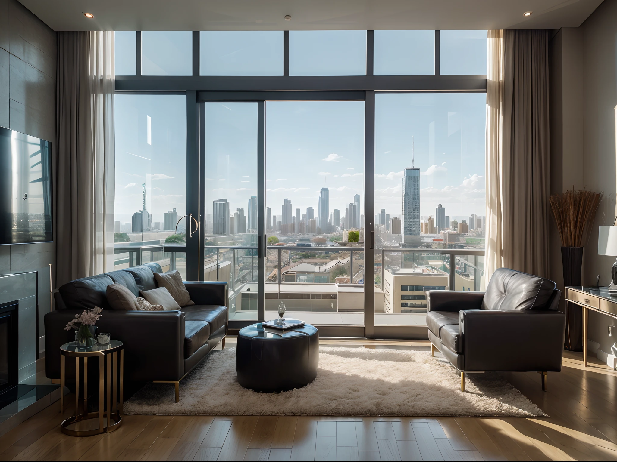 Craft a photorealistic image of a modern, luxurious penthouse apartment with floor-to-ceiling windows offering panoramic city skyline views. Emphasize the opulence of the space and the interplay of natural and artificial light.