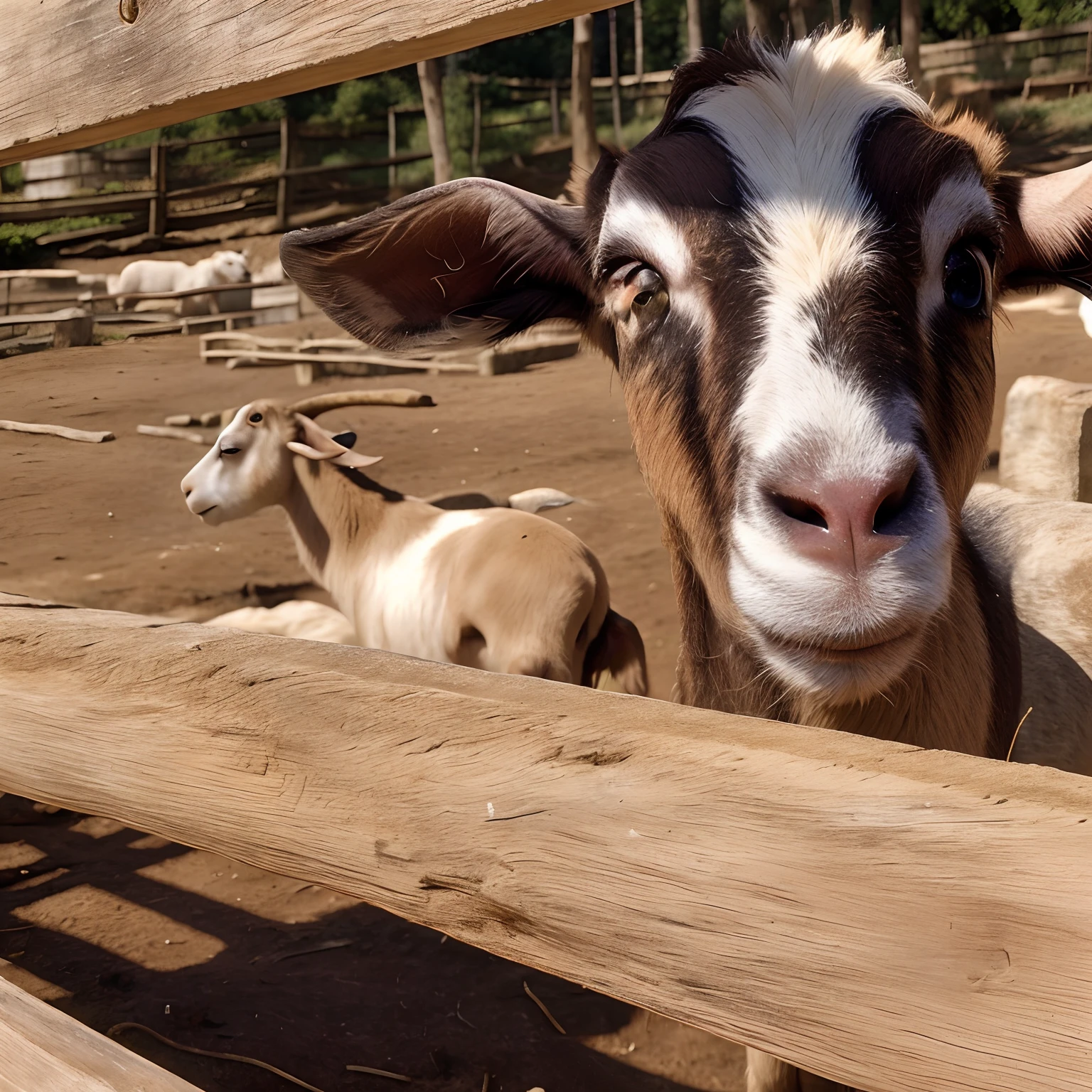 There are two goats that are standing in a corral, Cabras, looks directly at camera, looks into the camera, staring directly at camera, staring directly at camera, looking-into-camera, looking-into-camera, Facing the camera, posing for camera, Looking towards the camera, muitas cabras, meia cabra, uma cabra, looking the camera, looking-into-camera
