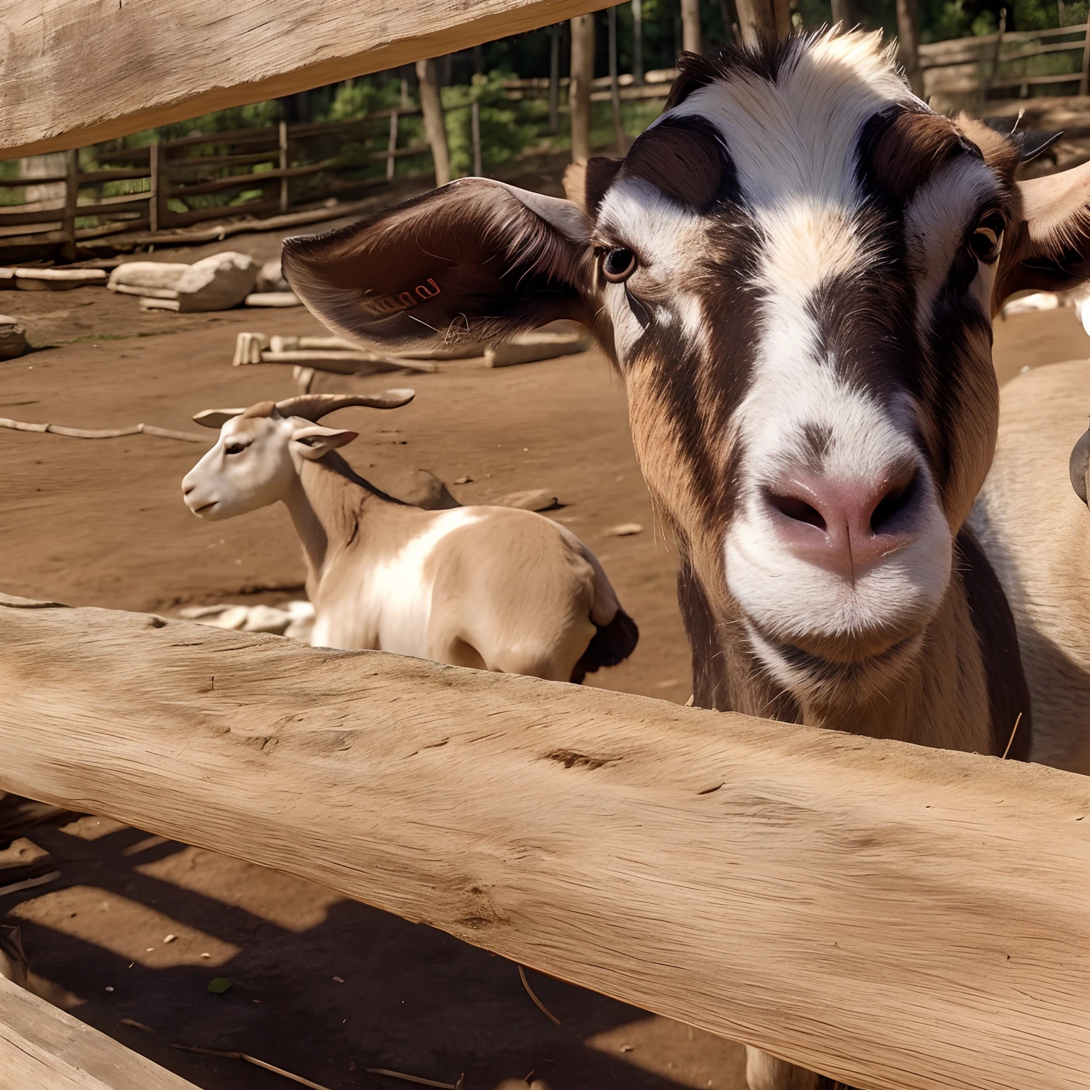 There are two goats that are standing in a corral, Cabras, looks directly at camera, looks into the camera, staring directly at camera, staring directly at camera, looking-into-camera, looking-into-camera, Facing the camera, posing for camera, Looking towards the camera, muitas cabras, meia cabra, uma cabra, looking the camera, looking-into-camera