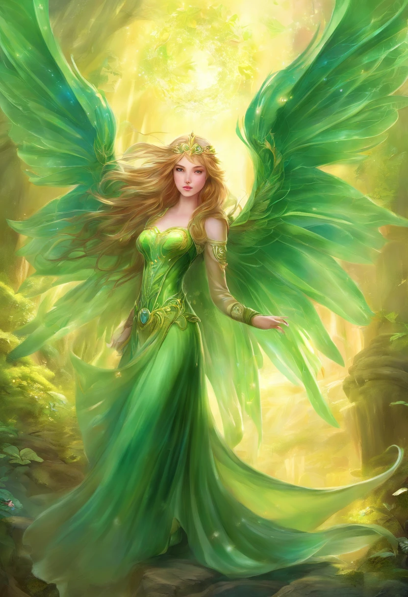 (Masterpiece, Best quality, Ultra-detailed, Best Illustration:1.4), 1 Little Fairy, The wings of the little fairy，(Airflow Maiden:1.1),(See-through:15）afloat,Green wind ，Silk fabric，(refractions,Reflection:1.2) ,  Transparent skin, sunshine day，ln the forest