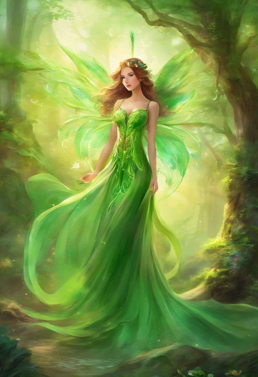 (Masterpiece, Best quality, Ultra-detailed, Best Illustration:1.4), 1 Little Fairy, The wings of the little fairy，(Airflow Maiden:1.1),(See-through:15）afloat,Green wind ，Silk fabric，(refractions,Reflection:1.2) ,  Transparent skin, sunshine day，ln the forest