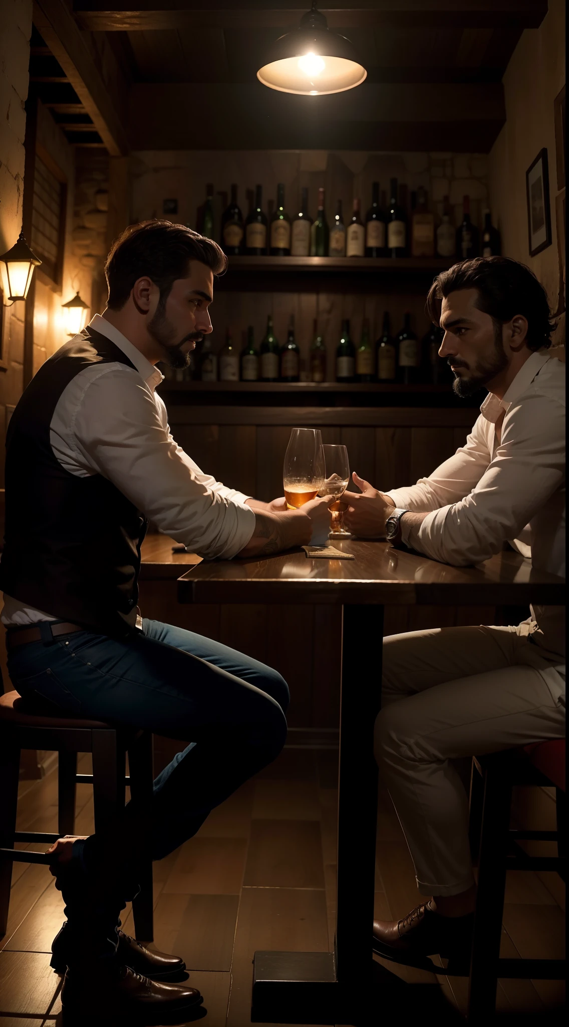 Dos amigos sentados a la mesa afuera de un bar de camino de tierra, In a small town, noche oscura, Estilo de juego de terror, mal, Maximum detailed, alta calidad