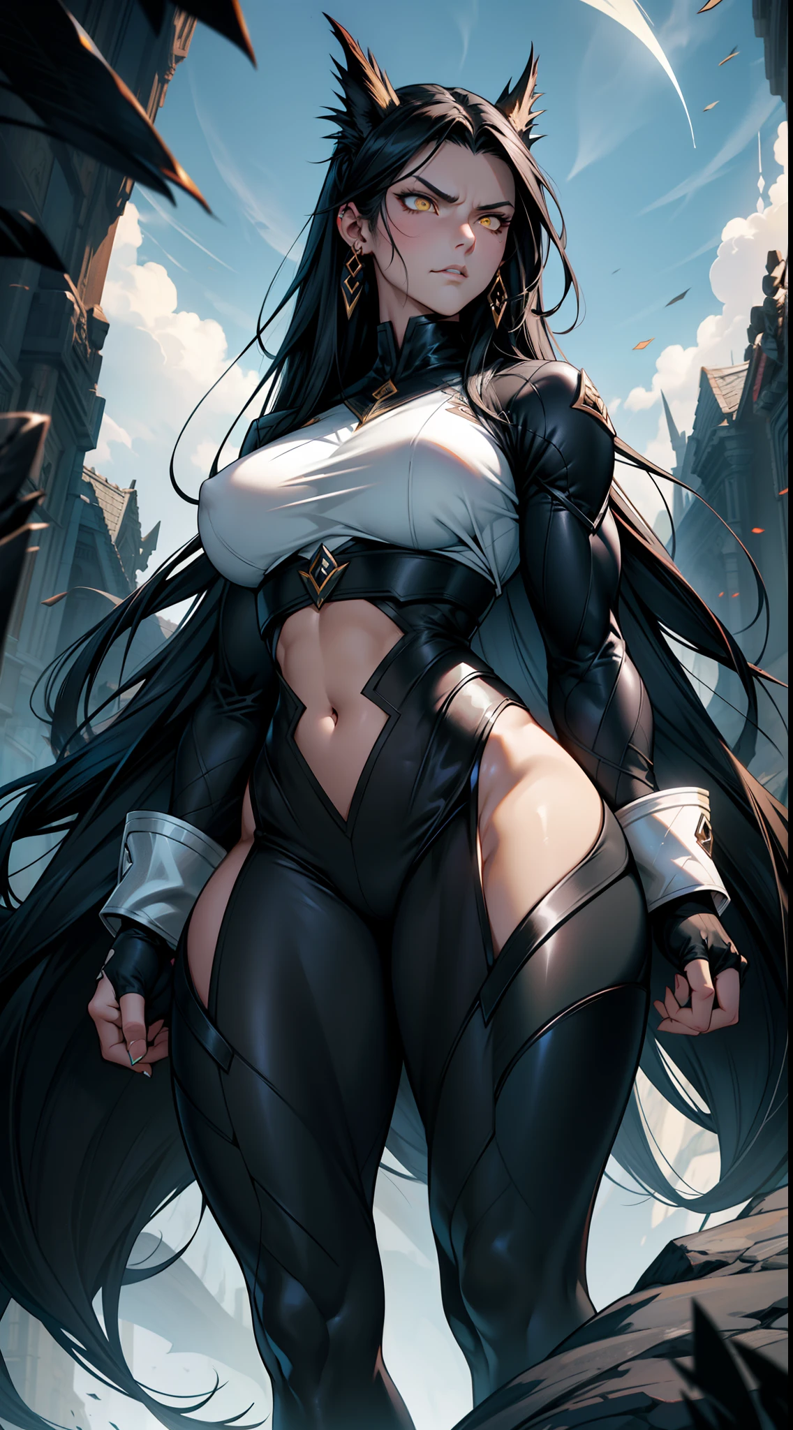 pt:
"long black hair flowing down, piercing yellow eyes, fair skin radiating a pale glow, toned muscles displaying strength, ample bosom, shapely thick thighs, intense anger reflected in her expression, standing tall and fierce beside a majestic black dragon, the embodiment of power and mystery, solitary and captivating."
